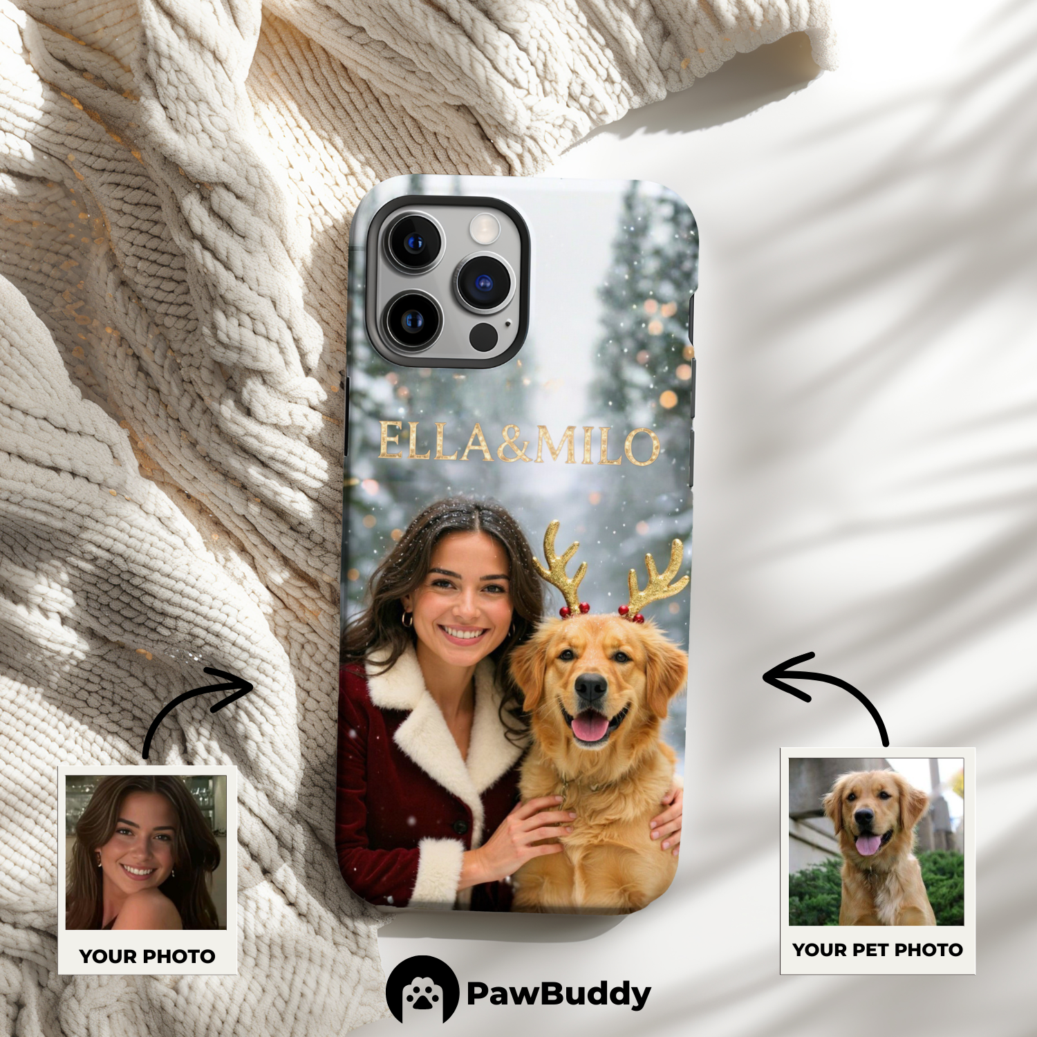 Custom Human & Pet Phone Case for iPhone 11–17, Personalized Snowy Christmas Wonderland Pet Portrait Design, Dual-Layer Shockproof PC+TPU Protective Cover with Glossy Wraparound Printing, Unique Holiday Gift for Pet Lovers