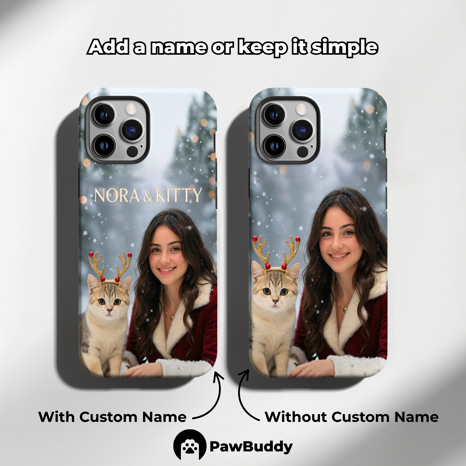 Custom Human & Pet Phone Case for iPhone 11–17, Personalized Snowy Christmas Wonderland Pet Portrait Design, Dual-Layer Shockproof PC+TPU Protective Cover with Glossy Wraparound Printing, Unique Holiday Gift for Pet Lovers