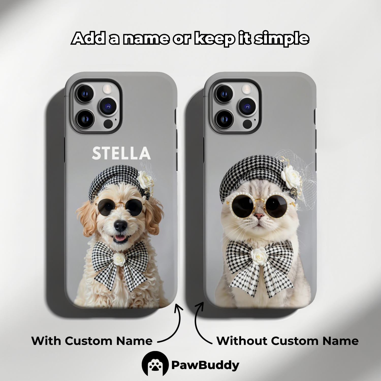 Custom Pet Phone Case for iPhone 11–17, Personalized Chic Gray Beret Studio Portrait Design, Dual-Layer Shockproof PC+TPU Protective Cover with Glossy Wraparound Printing, Unique Gift for Pet Lovers