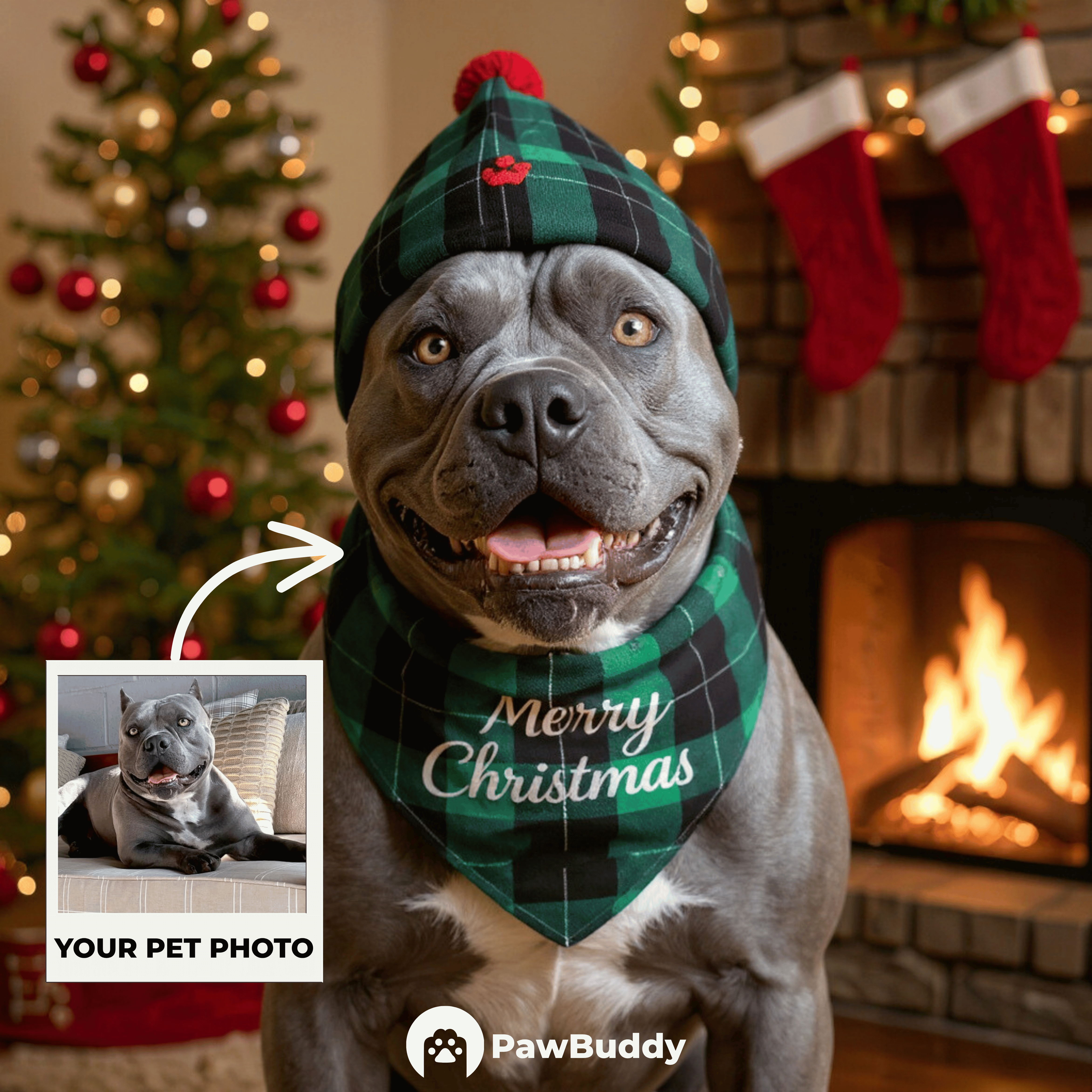 Custom Pet Portrait Cozy Fireplace Christmas Style Digital Artwork – Personalized High-Resolution Artwork for Pet Lovers, Perfect for Online Sharing or as a Unique Holiday Keepsake