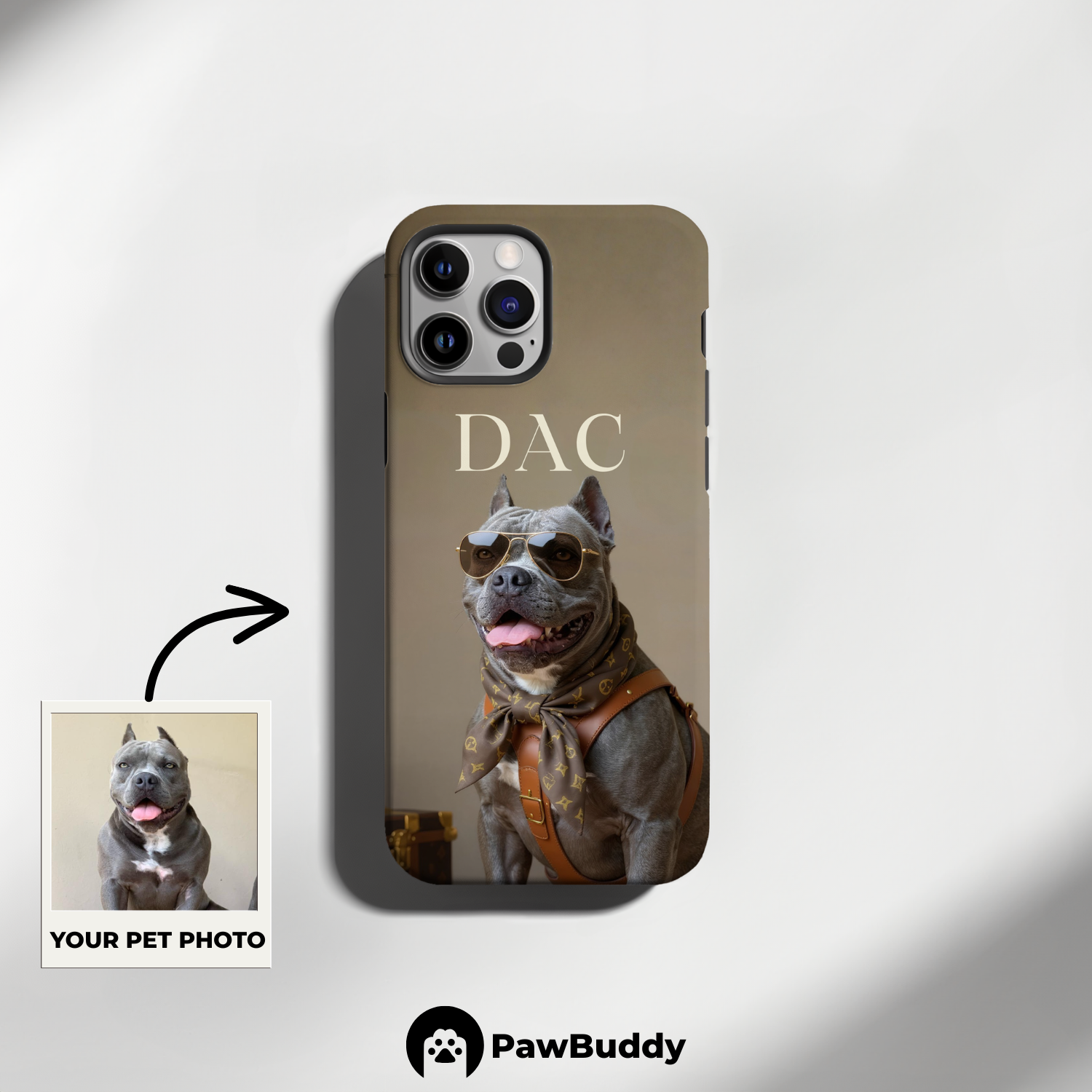 Custom Pet Phone Case for iPhone 11–17, Personalized Luxury Brown Designer Style Portrait, Dual-Layer Shockproof PC+TPU Protective Cover with Glossy Wraparound Printing, Unique Gift for Pet Lovers