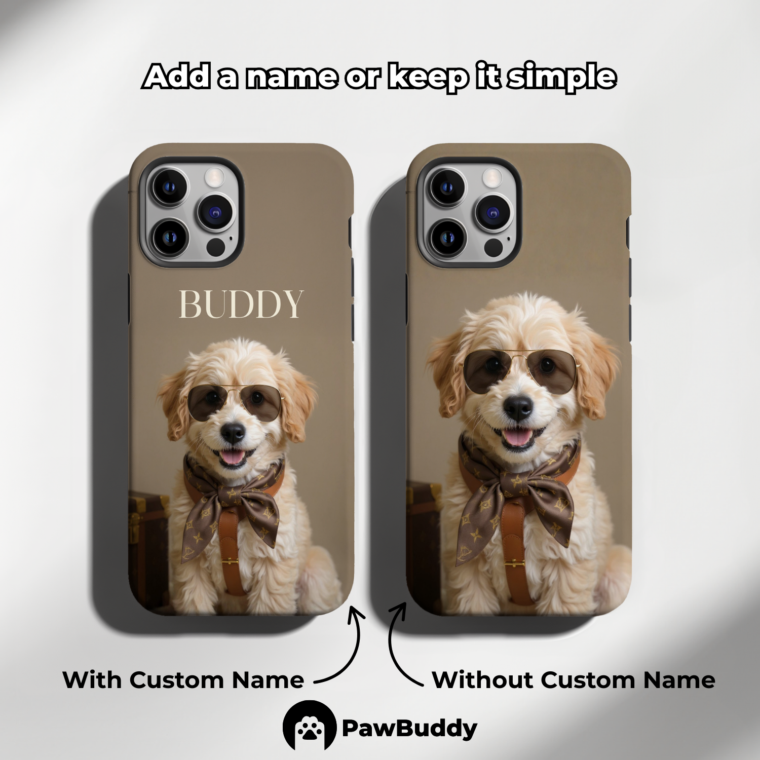 Custom Pet Phone Case for iPhone 11–17, Personalized Luxury Brown Designer Style Portrait, Dual-Layer Shockproof PC+TPU Protective Cover with Glossy Wraparound Printing, Unique Gift for Pet Lovers