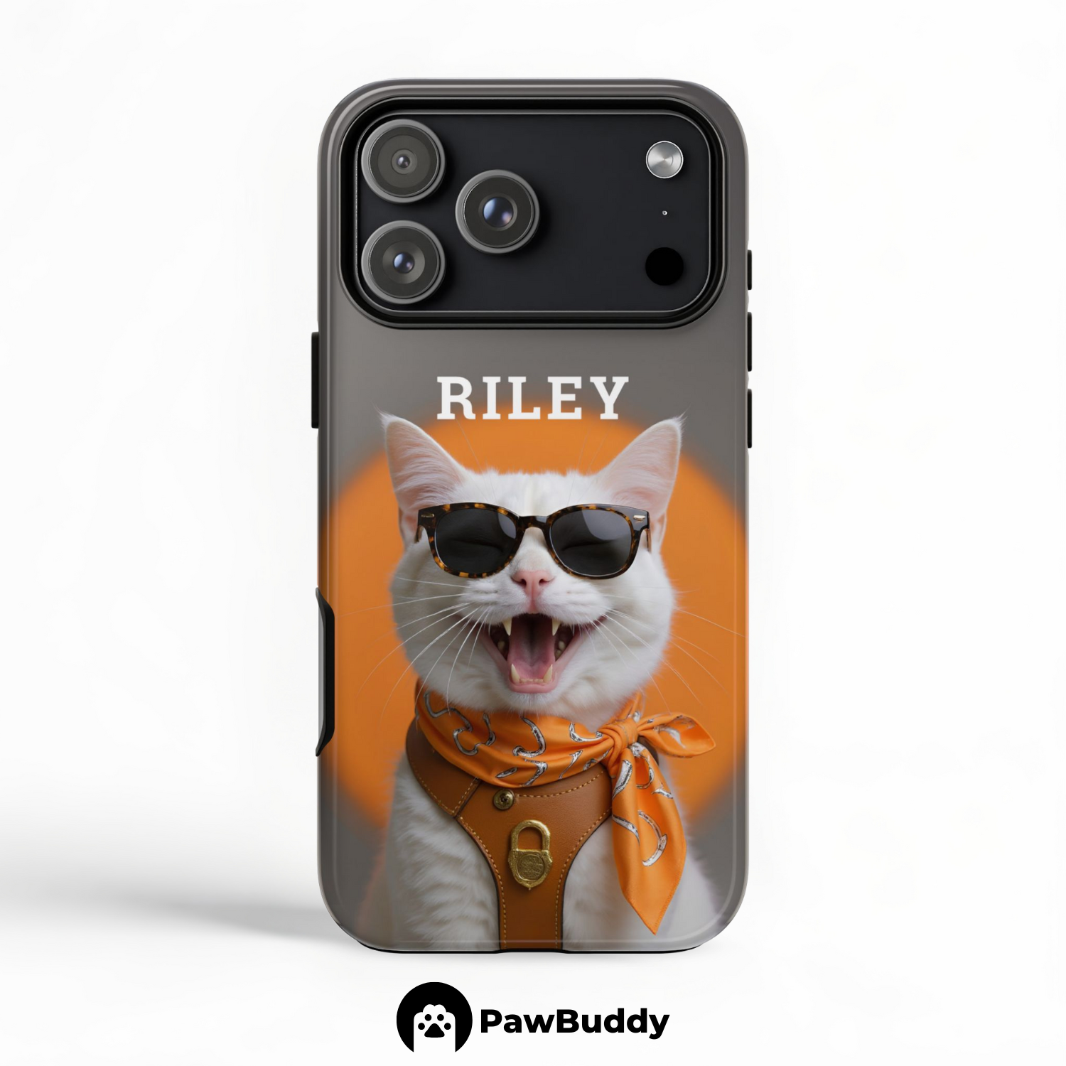 Custom Pet Phone Case for iPhone 11–17, Personalized Modern Orange Sweater Studio Portrait Design, Dual-Layer Shockproof PC+TPU Protective Cover with Glossy Wraparound Printing, Unique Gift for Pet Lovers