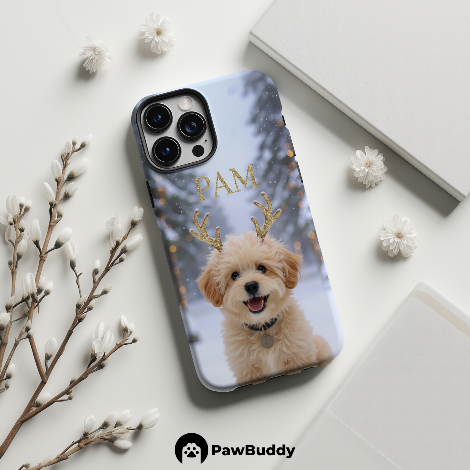 Custom Pet Phone Case for iPhone 11–17, Personalized Frosted Reindeer Winter Wonderland Design, Dual-Layer Shockproof PC+TPU Protective Cover with Glossy Wraparound Printing, Unique Holiday Gift for Pet Lovers