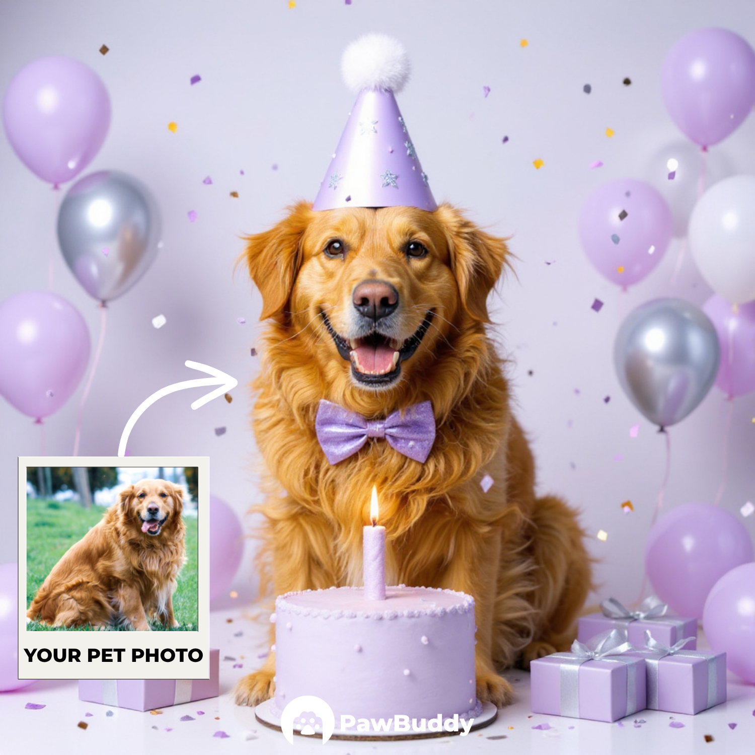 Custom Pet Portrait Lavender Dream Birthday Style Digital Artwork - Personalized High-Resolution Artwork for Pet Lovers, Perfect for Online Sharing or as a Unique Celebration-Themed Keepsake