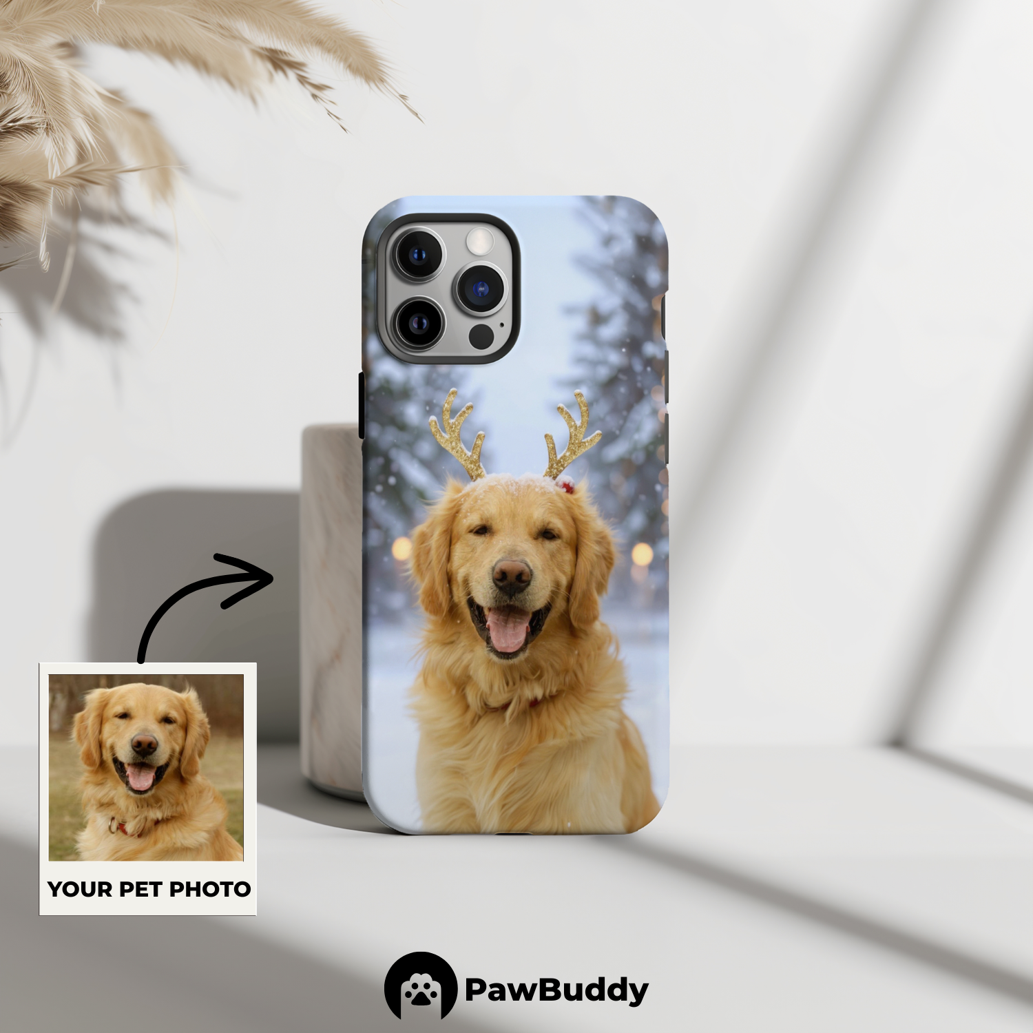 Custom Pet Phone Case for iPhone 11–17, Personalized Frosted Reindeer Winter Wonderland Design, Dual-Layer Shockproof PC+TPU Protective Cover with Glossy Wraparound Printing, Unique Holiday Gift for Pet Lovers