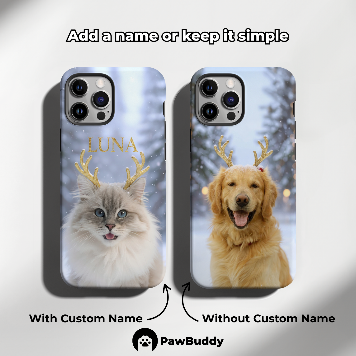 Custom Pet Phone Case for iPhone 11–17, Personalized Frosted Reindeer Winter Wonderland Design, Dual-Layer Shockproof PC+TPU Protective Cover with Glossy Wraparound Printing, Unique Holiday Gift for Pet Lovers