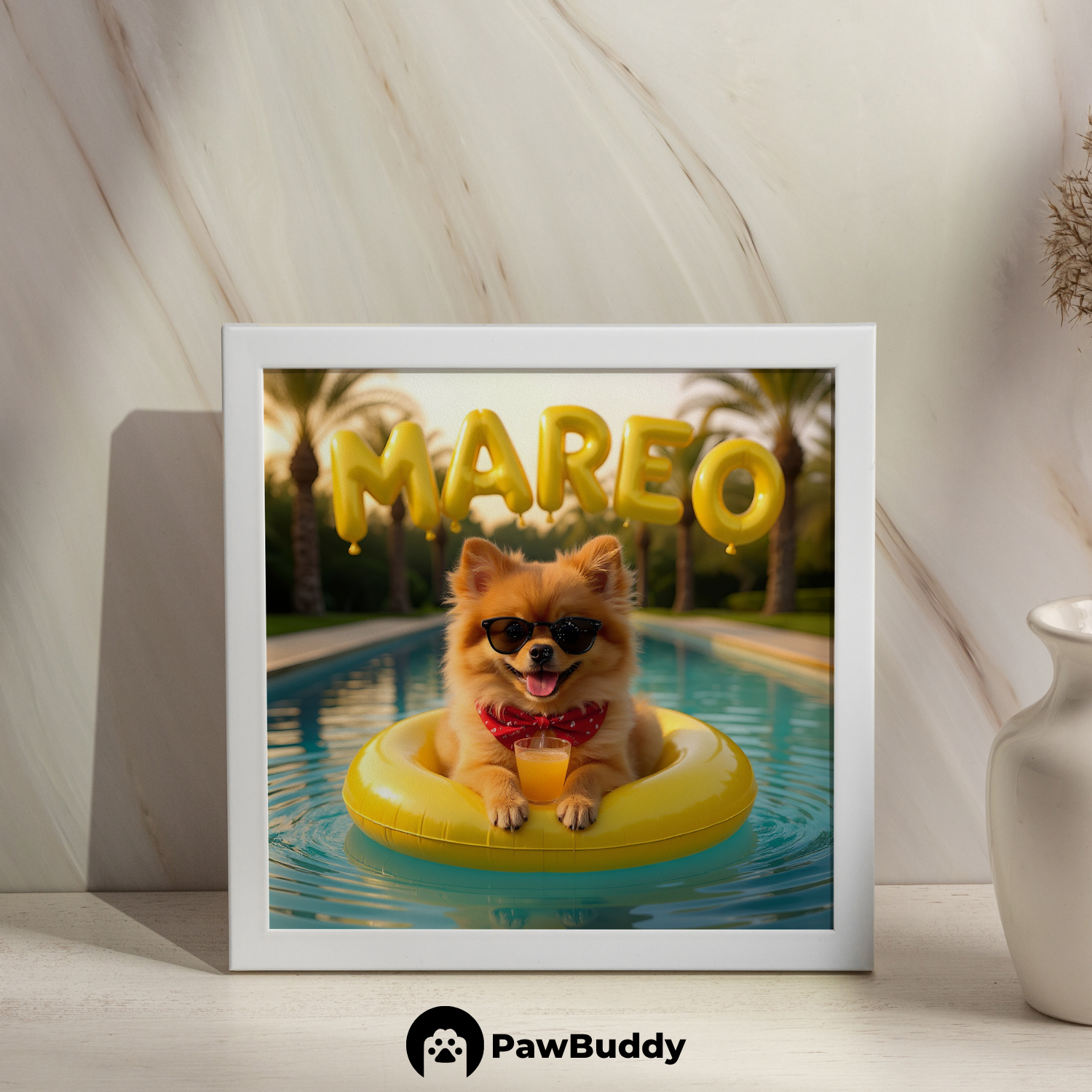 Custom Pet Poster Tropical Float Summer Portrait – Personalized High-Resolution Matte Print for Wall Art, Home Decor, or Unique Gifts for Pet Lovers (Frame Not Included)