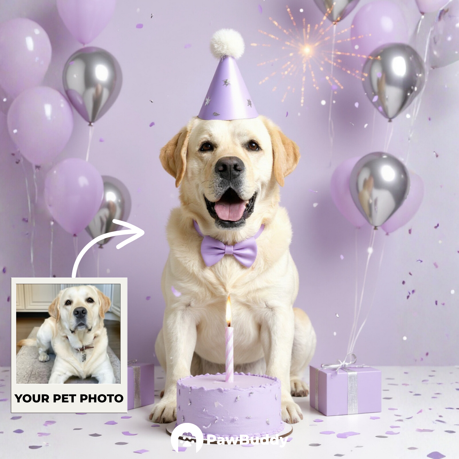 Custom Pet Portrait Lavender Dream Birthday Style Digital Artwork - Personalized High-Resolution Artwork for Pet Lovers, Perfect for Online Sharing or as a Unique Celebration-Themed Keepsake