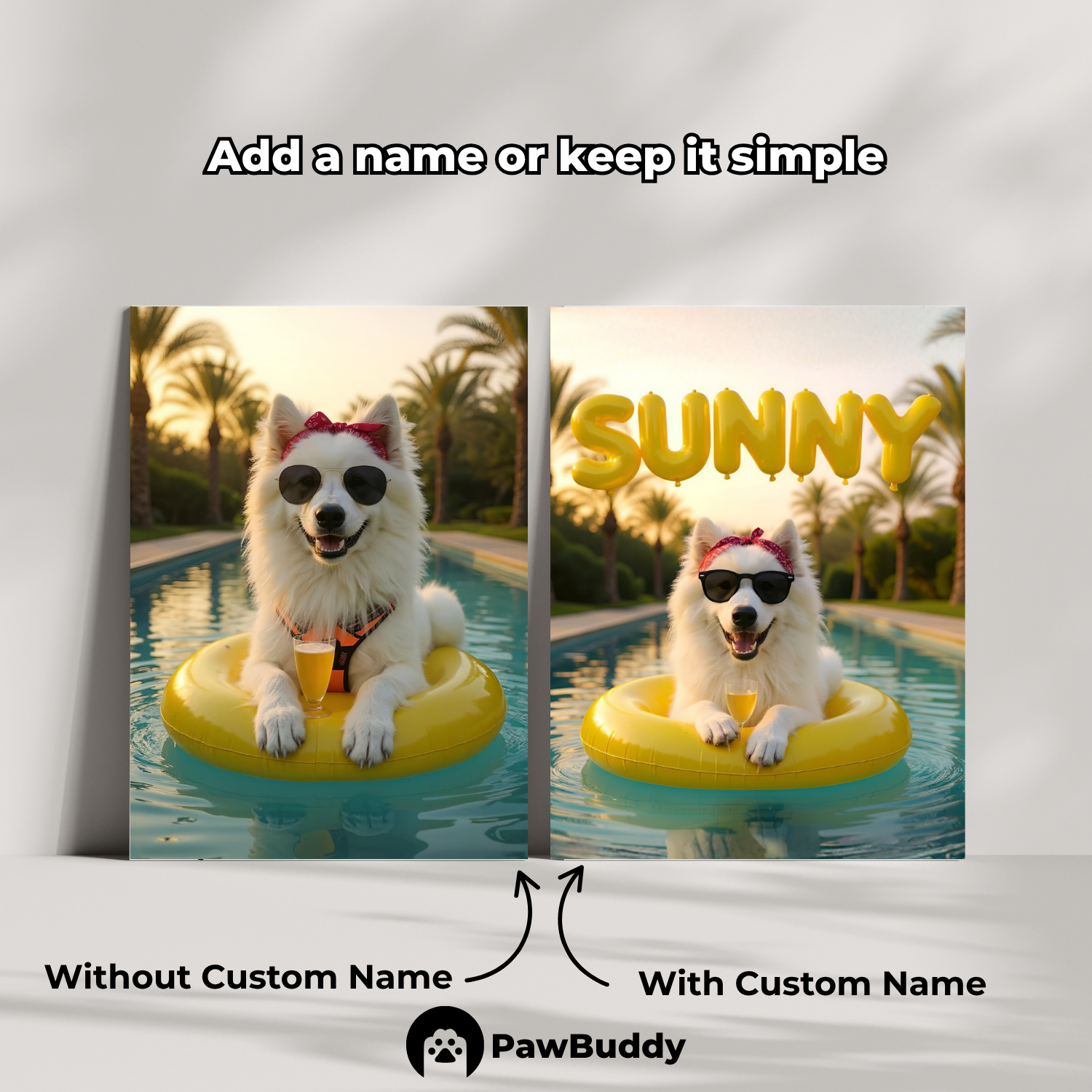 Custom Pet Poster Tropical Float Summer Portrait – Personalized High-Resolution Matte Print for Wall Art, Home Decor, or Unique Gifts for Pet Lovers (Frame Not Included)