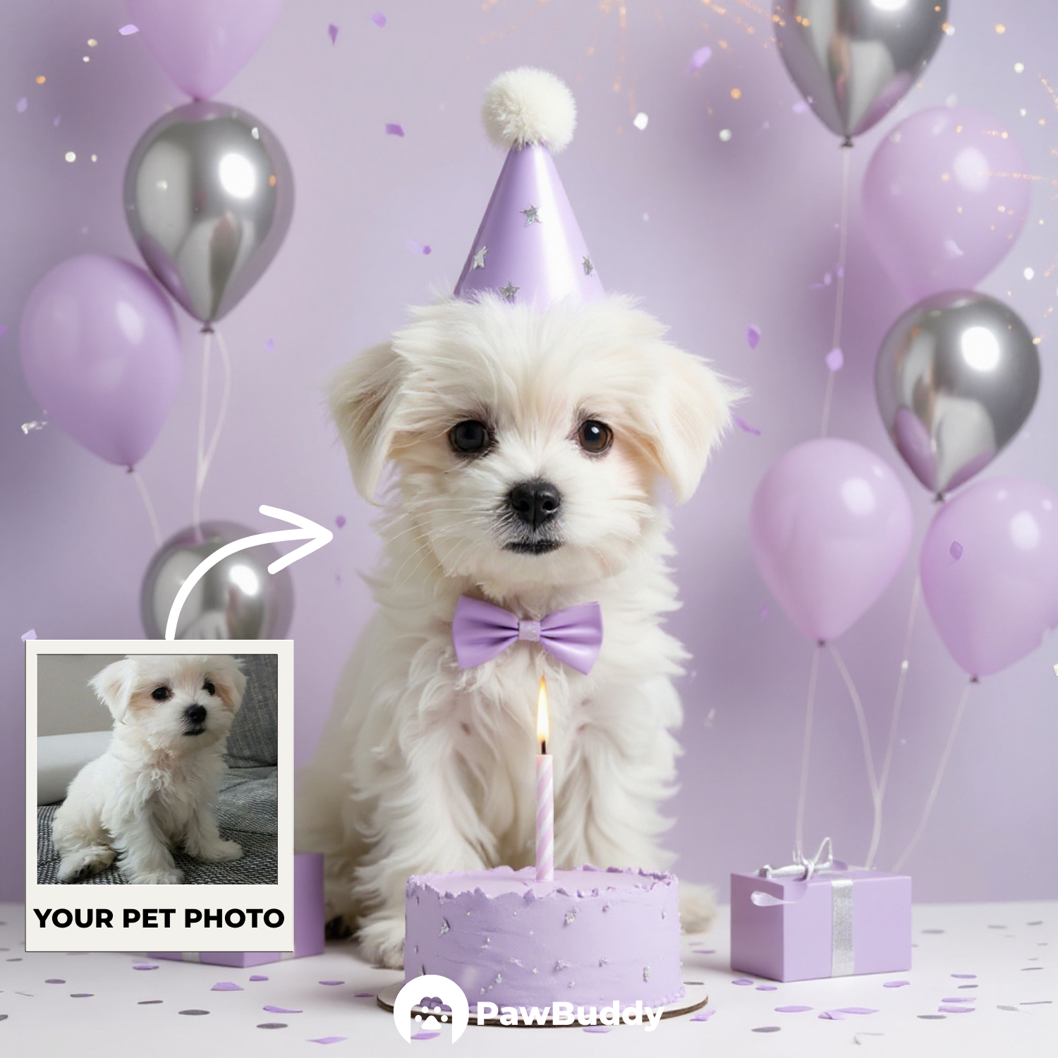 Custom Pet Portrait Lavender Dream Birthday Style Digital Artwork - Personalized High-Resolution Artwork for Pet Lovers, Perfect for Online Sharing or as a Unique Celebration-Themed Keepsake