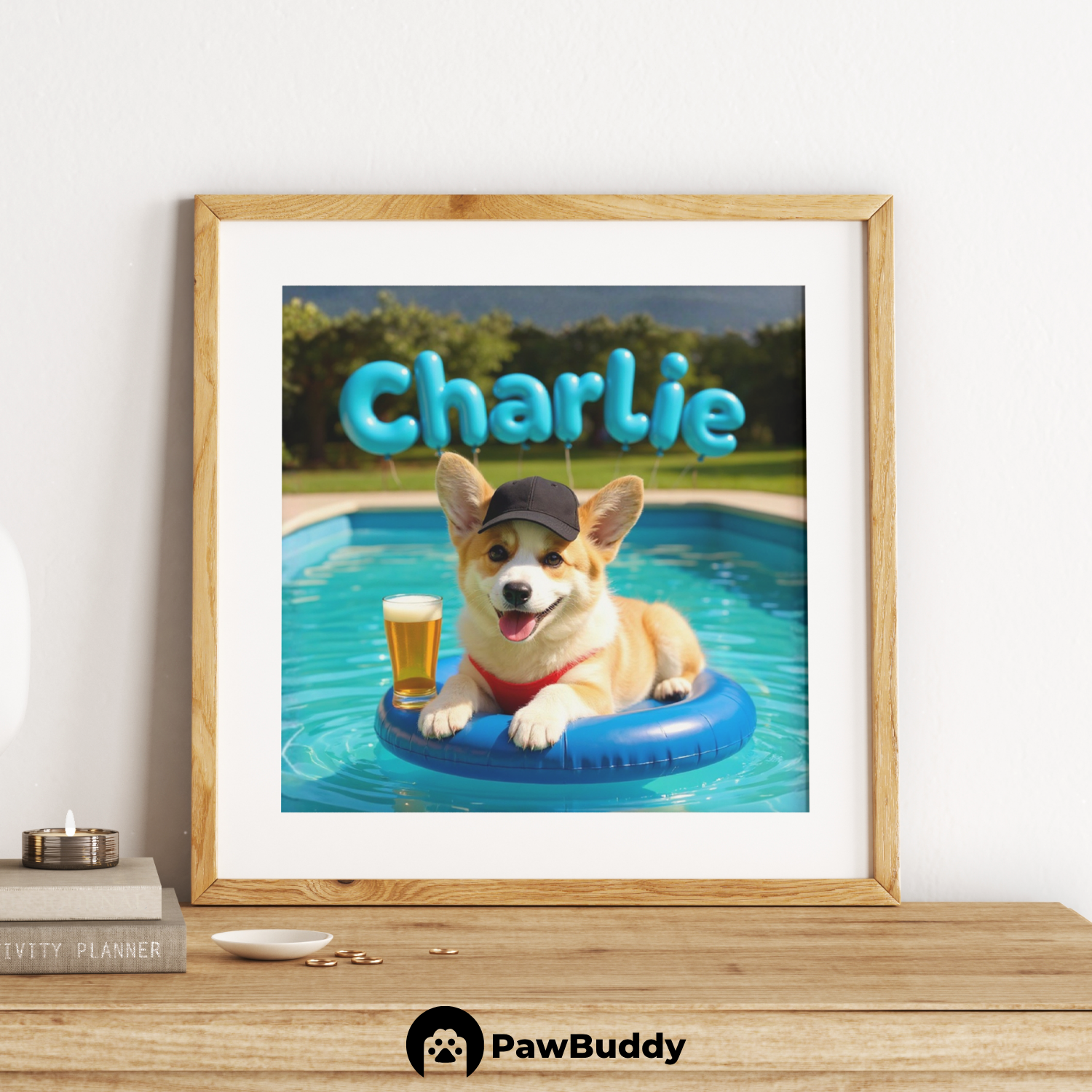 Custom Pet Poster Poolside Sunshine Portrait – Personalized High-Resolution Matte Print for Wall Art, Home Decor, or Unique Gifts for Pet Lovers (Frame Not Included)