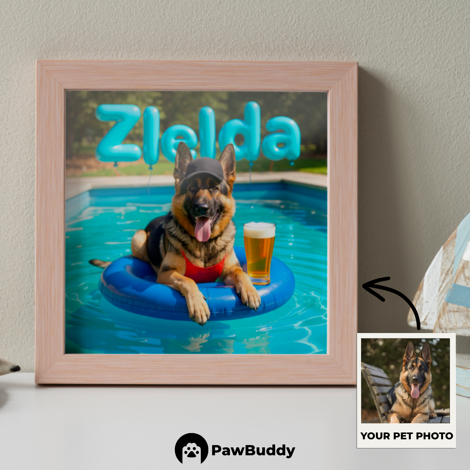 Custom Pet Poster Poolside Sunshine Portrait – Personalized High-Resolution Matte Print for Wall Art, Home Decor, or Unique Gifts for Pet Lovers (Frame Not Included)