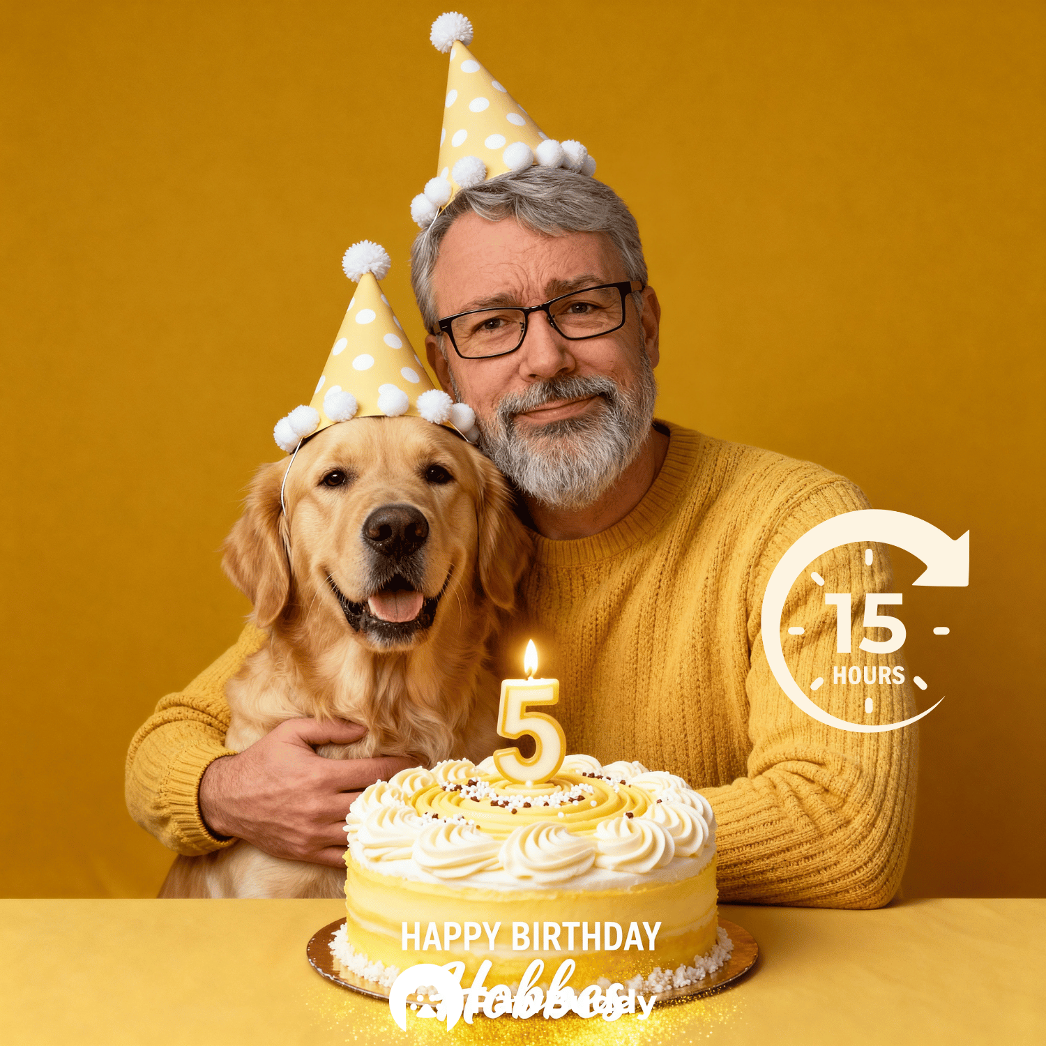 Custom Human & Pet Portrait Birthday Yellow Studio Theme Digital Artwork - Personalized High Resolution Artwork for Pet Lovers, Perfect for Online Sharing or as a Unique Birthday Keepsake