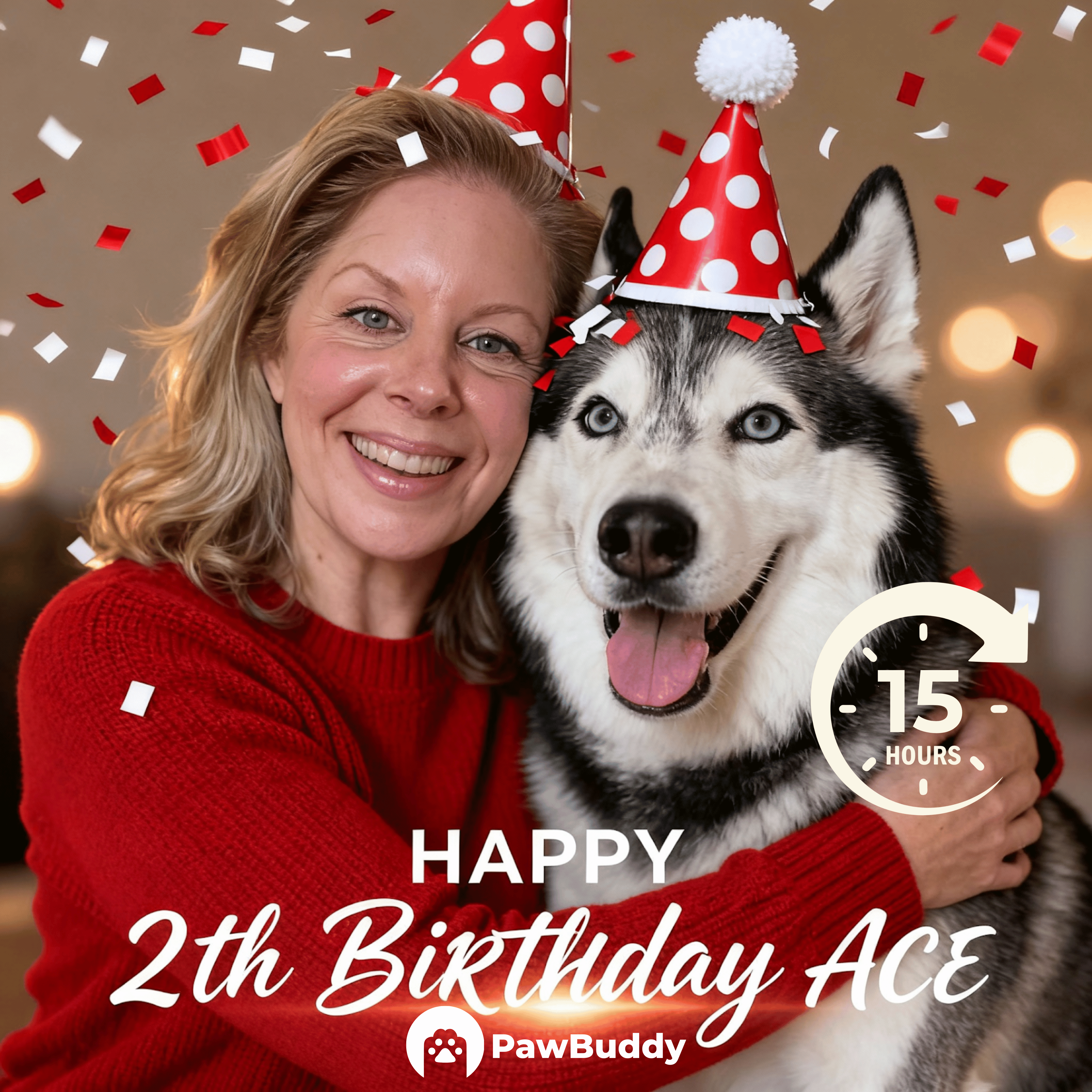 Custom Human & Pet Portrait Birthday Red Celebration Theme Digital Artwork - Personalized High Resolution Artwork for Pet Lovers, Perfect for Online Sharing or as a Unique Birthday Keepsake