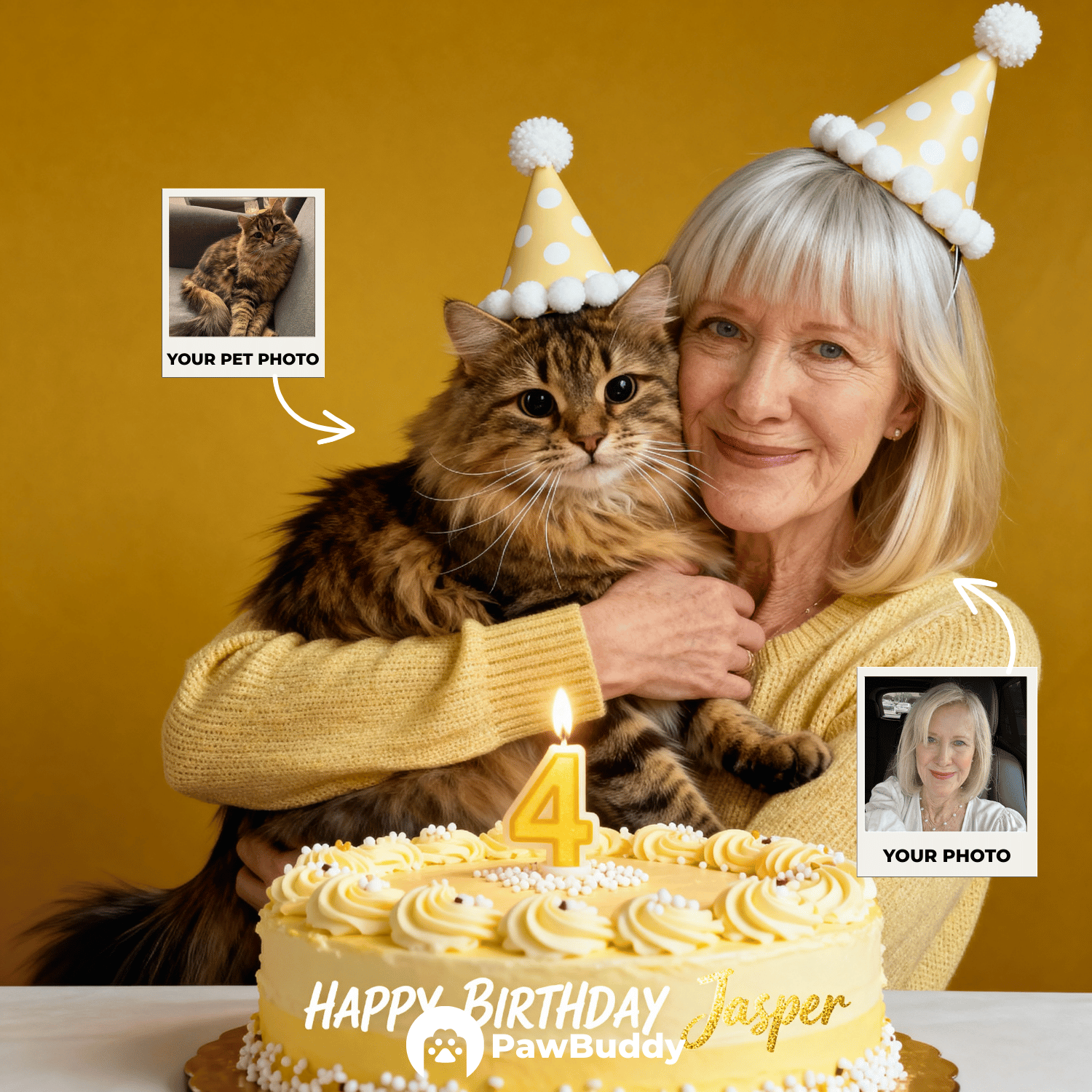 Custom Human & Pet Portrait Birthday Yellow Studio Theme Digital Artwork - Personalized High Resolution Artwork for Pet Lovers, Perfect for Online Sharing or as a Unique Birthday Keepsake