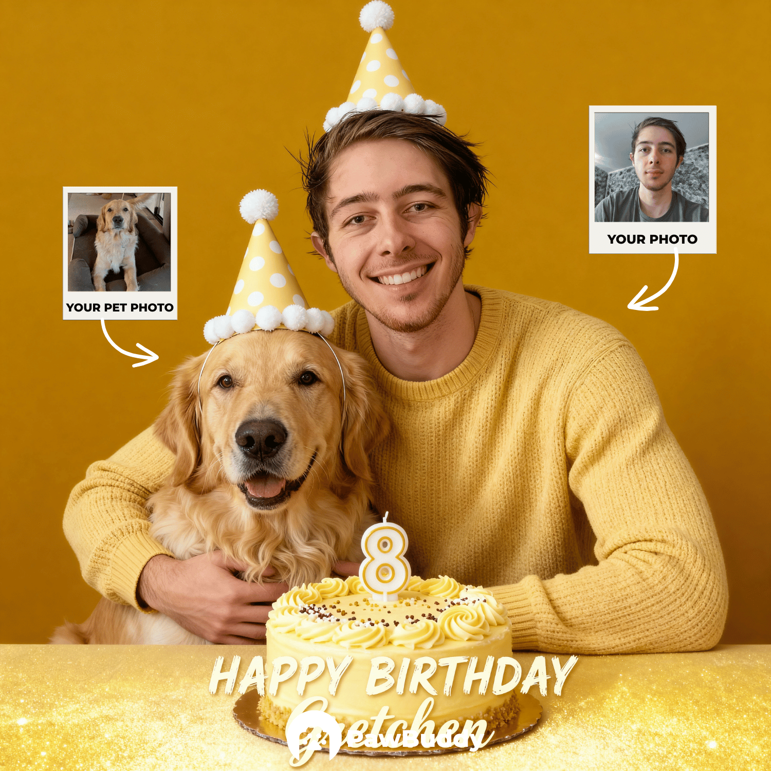 Custom Human & Pet Portrait Birthday Yellow Studio Theme Digital Artwork - Personalized High Resolution Artwork for Pet Lovers, Perfect for Online Sharing or as a Unique Birthday Keepsake