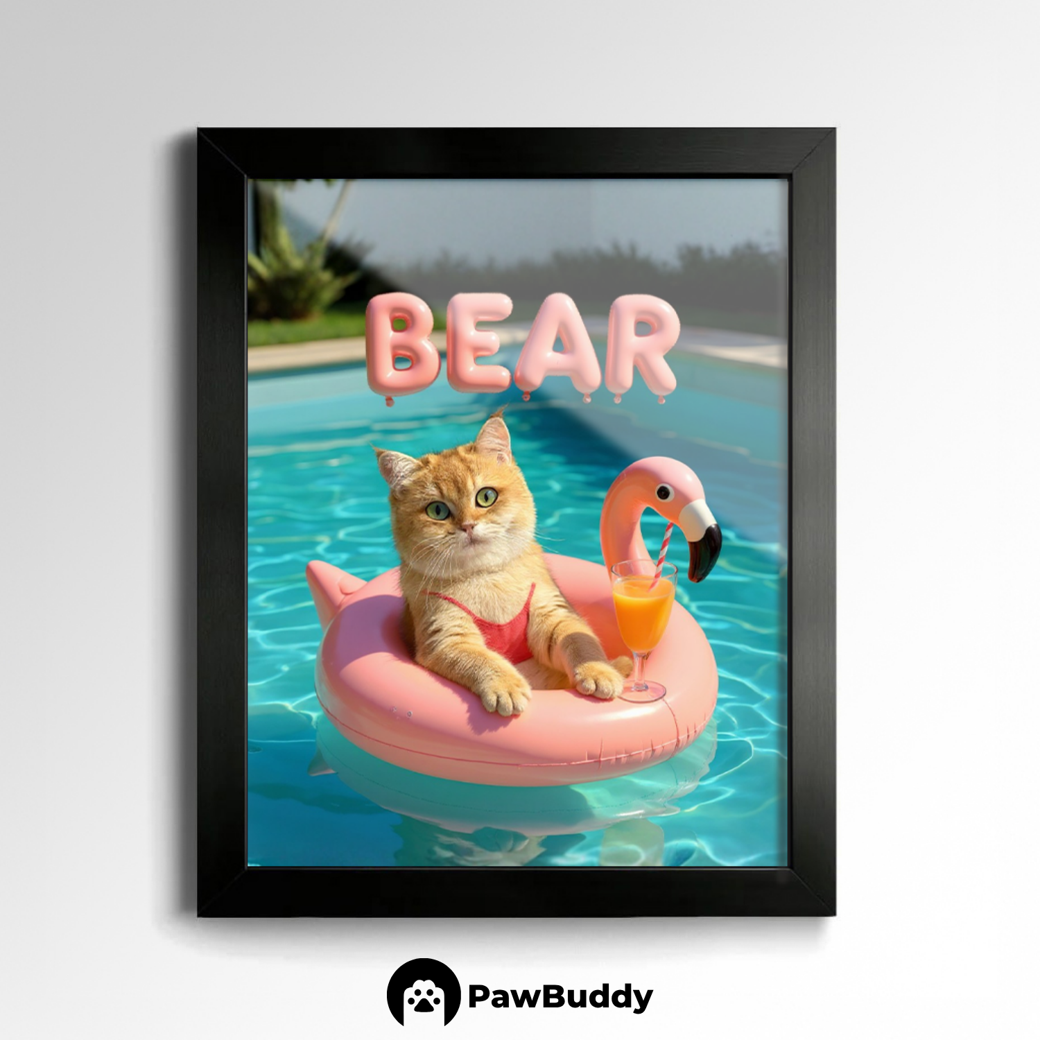 Custom Pet Poster Pink Paradise Float Portrait – Personalized High-Resolution Matte Print for Wall Art, Home Decor, or Unique Gifts for Pet Lovers (Frame Not Included)