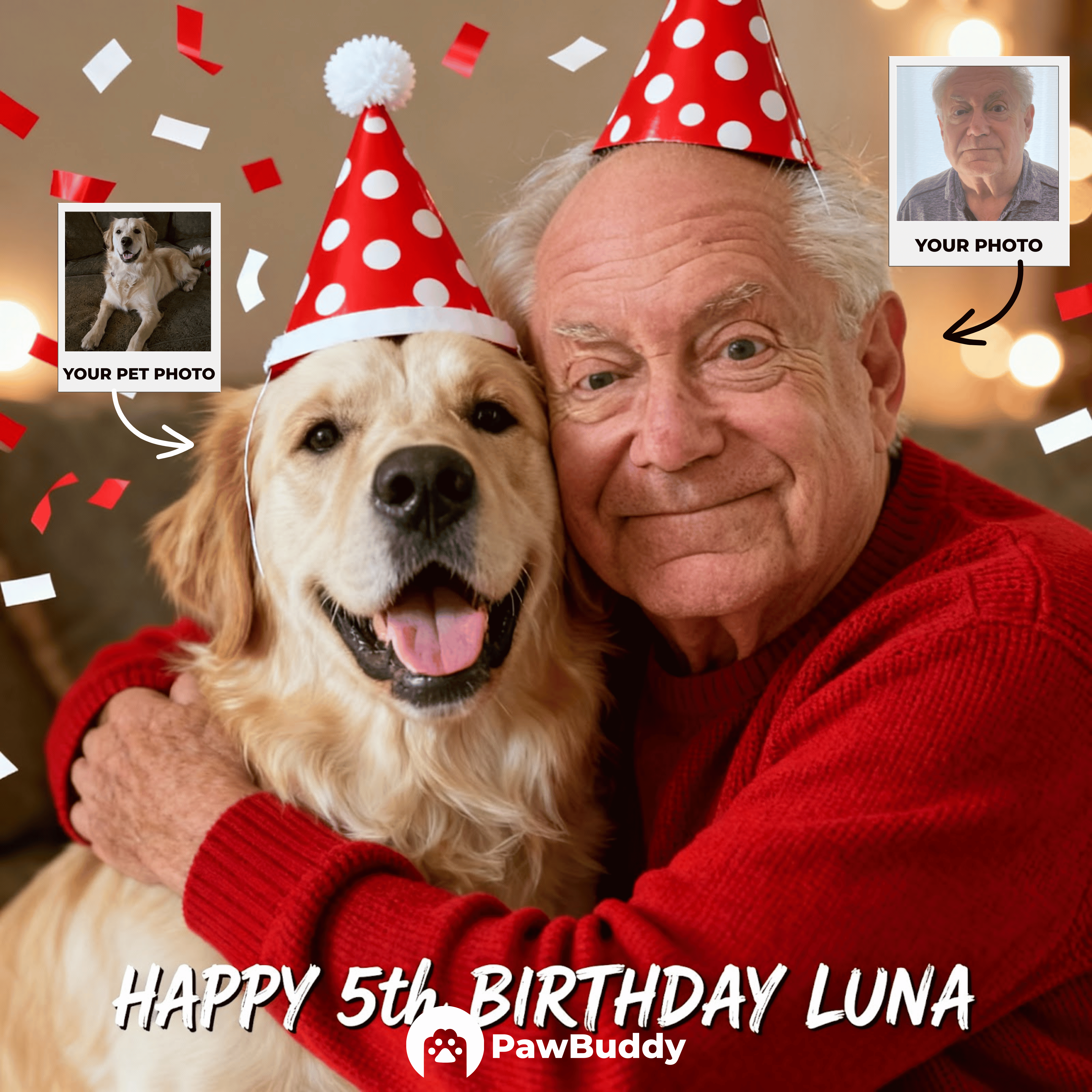 Custom Human & Pet Portrait Birthday Red Celebration Theme Digital Artwork - Personalized High Resolution Artwork for Pet Lovers, Perfect for Online Sharing or as a Unique Birthday Keepsake