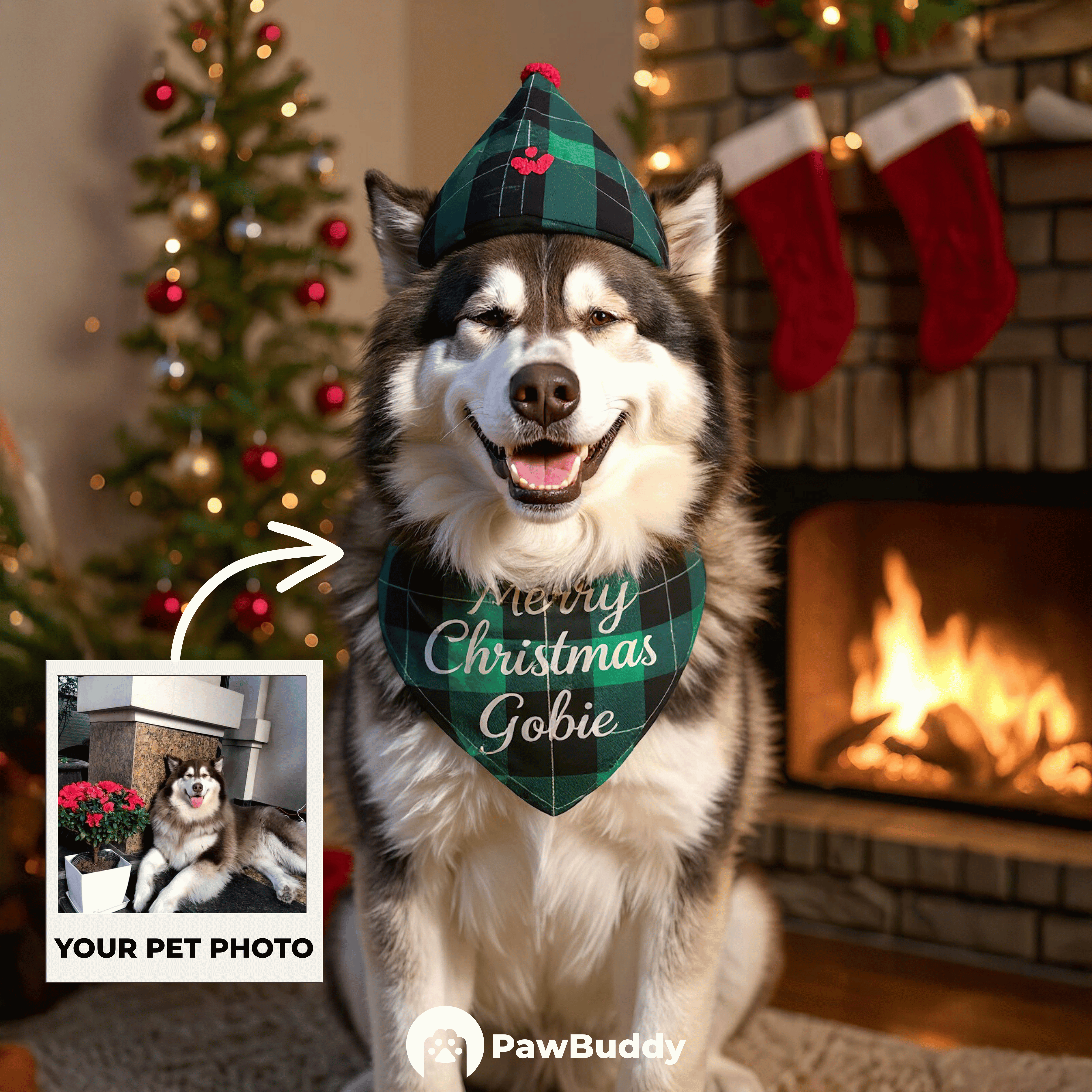 Custom Pet Portrait Cozy Fireplace Christmas Style Digital Artwork – Personalized High-Resolution Artwork for Pet Lovers, Perfect for Online Sharing or as a Unique Holiday Keepsake