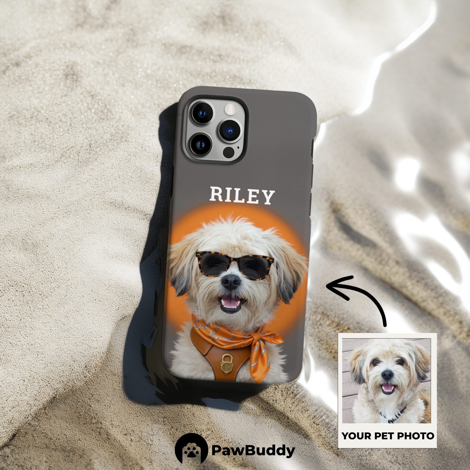 Custom Pet Phone Case for iPhone 11–17, Personalized Modern Orange Sweater Studio Portrait Design, Dual-Layer Shockproof PC+TPU Protective Cover with Glossy Wraparound Printing, Unique Gift for Pet Lovers