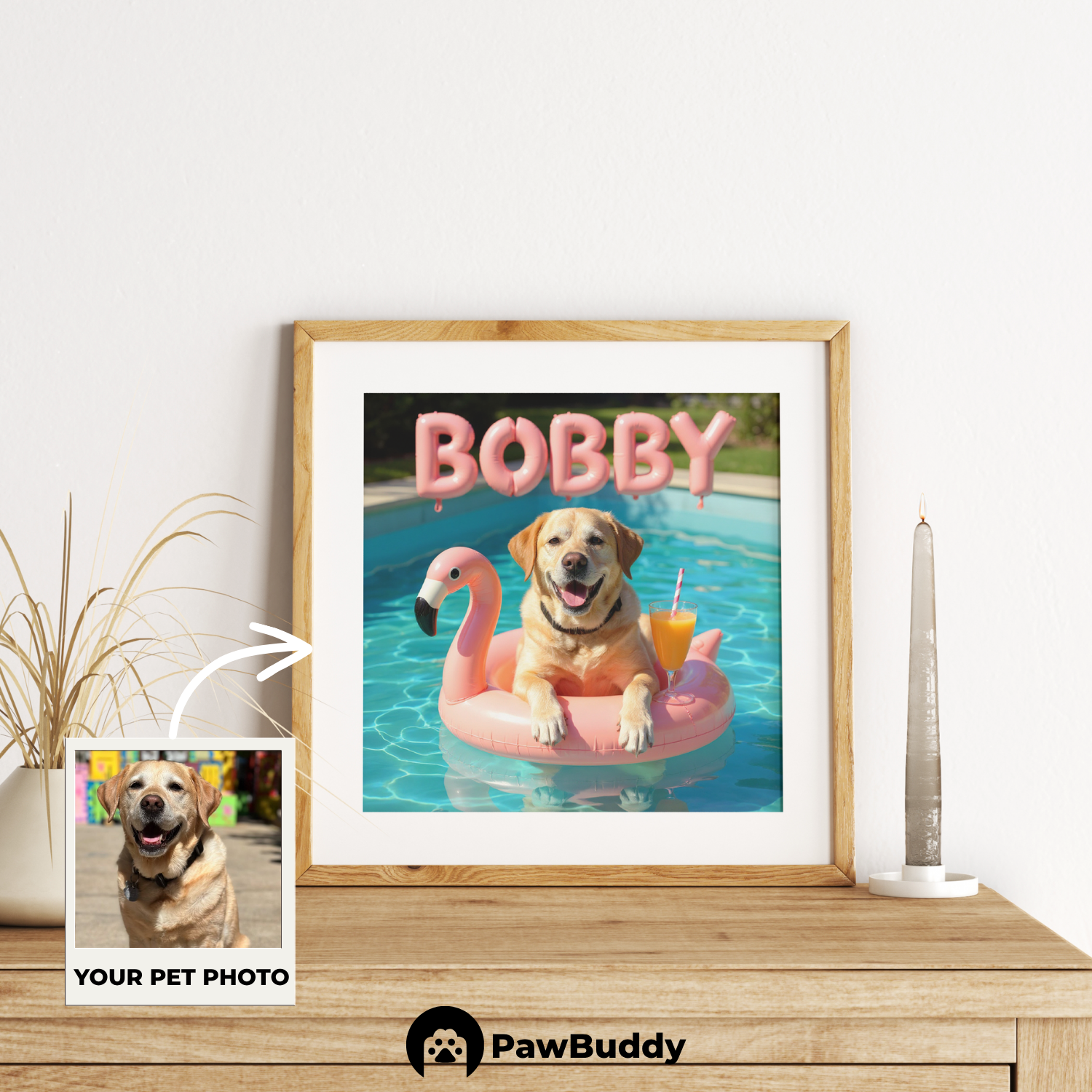 Custom Pet Poster Pink Paradise Float Portrait – Personalized High-Resolution Matte Print for Wall Art, Home Decor, or Unique Gifts for Pet Lovers (Frame Not Included)