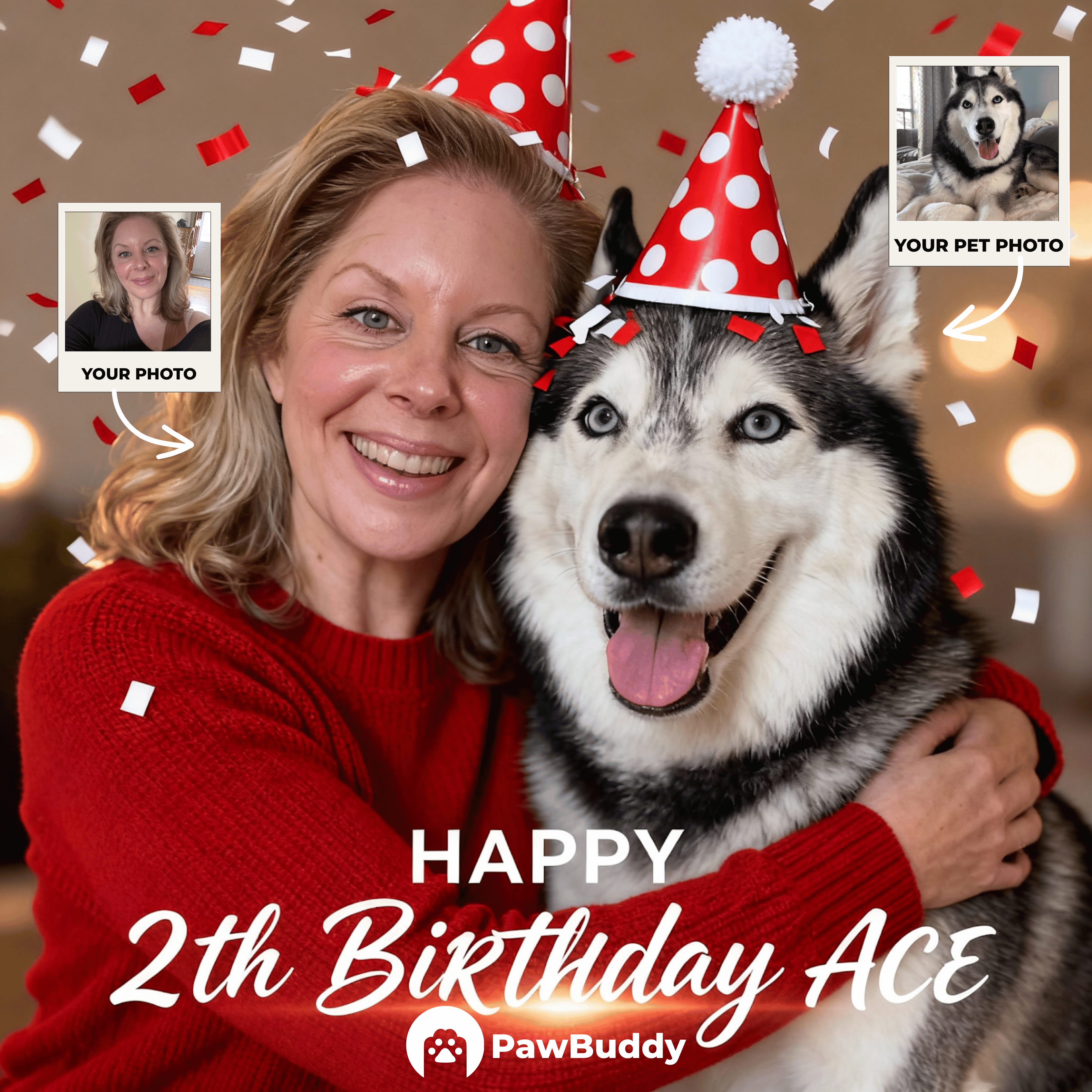 Custom Human & Pet Portrait Birthday Red Celebration Theme Digital Artwork - Personalized High Resolution Artwork for Pet Lovers, Perfect for Online Sharing or as a Unique Birthday Keepsake