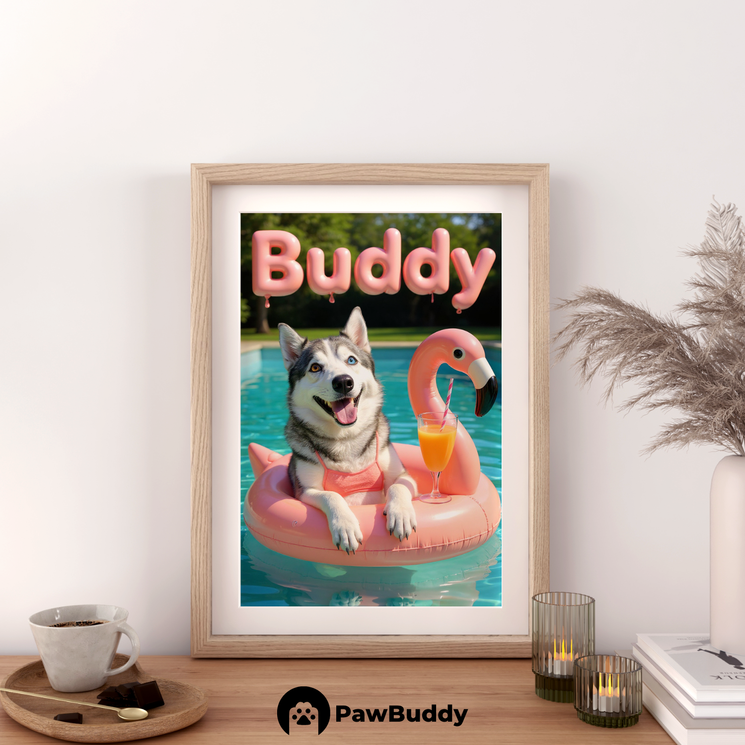 Custom Pet Poster Pink Paradise Float Portrait – Personalized High-Resolution Matte Print for Wall Art, Home Decor, or Unique Gifts for Pet Lovers (Frame Not Included)