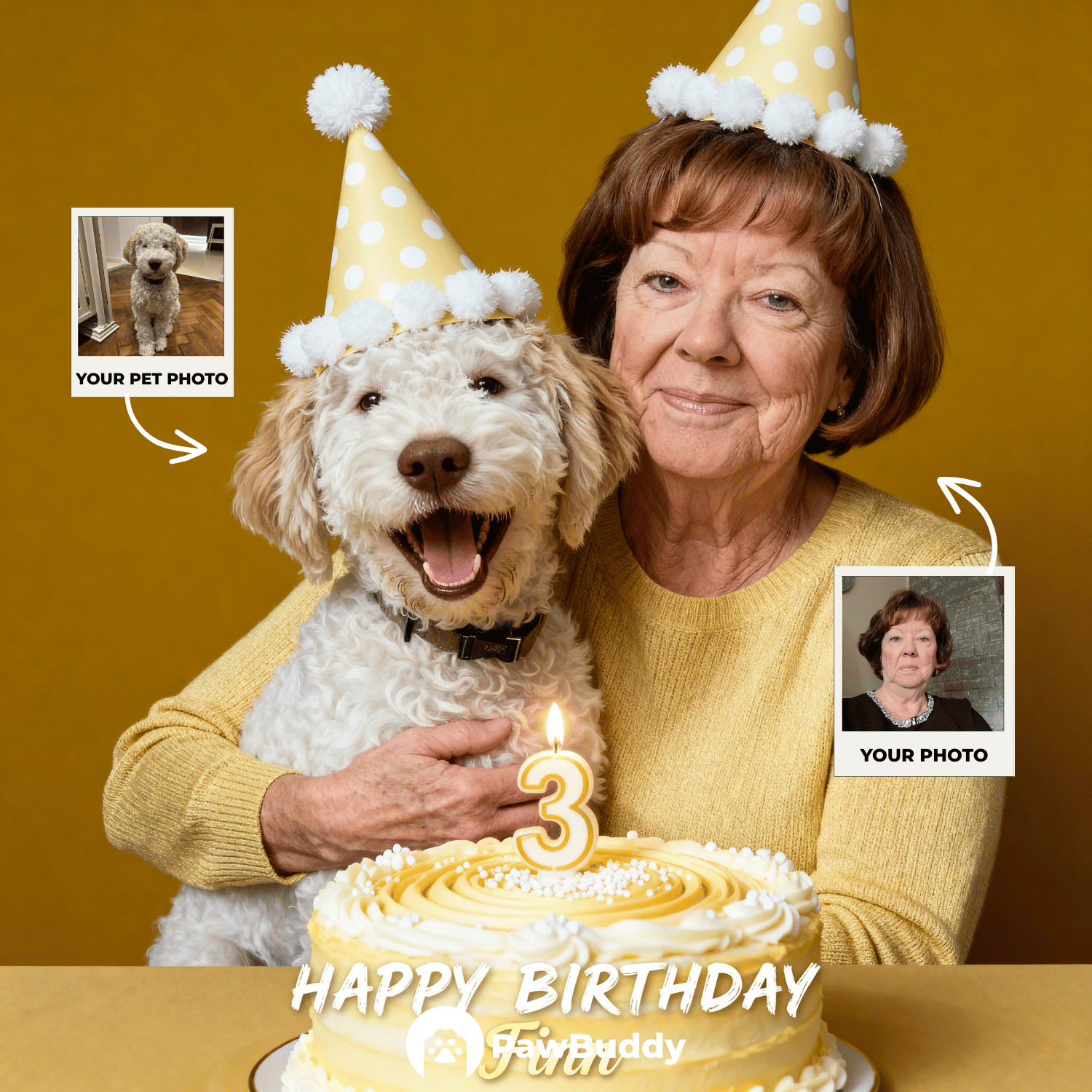 Custom Human & Pet Portrait Birthday Yellow Studio Theme Digital Artwork - Personalized High Resolution Artwork for Pet Lovers, Perfect for Online Sharing or as a Unique Birthday Keepsake