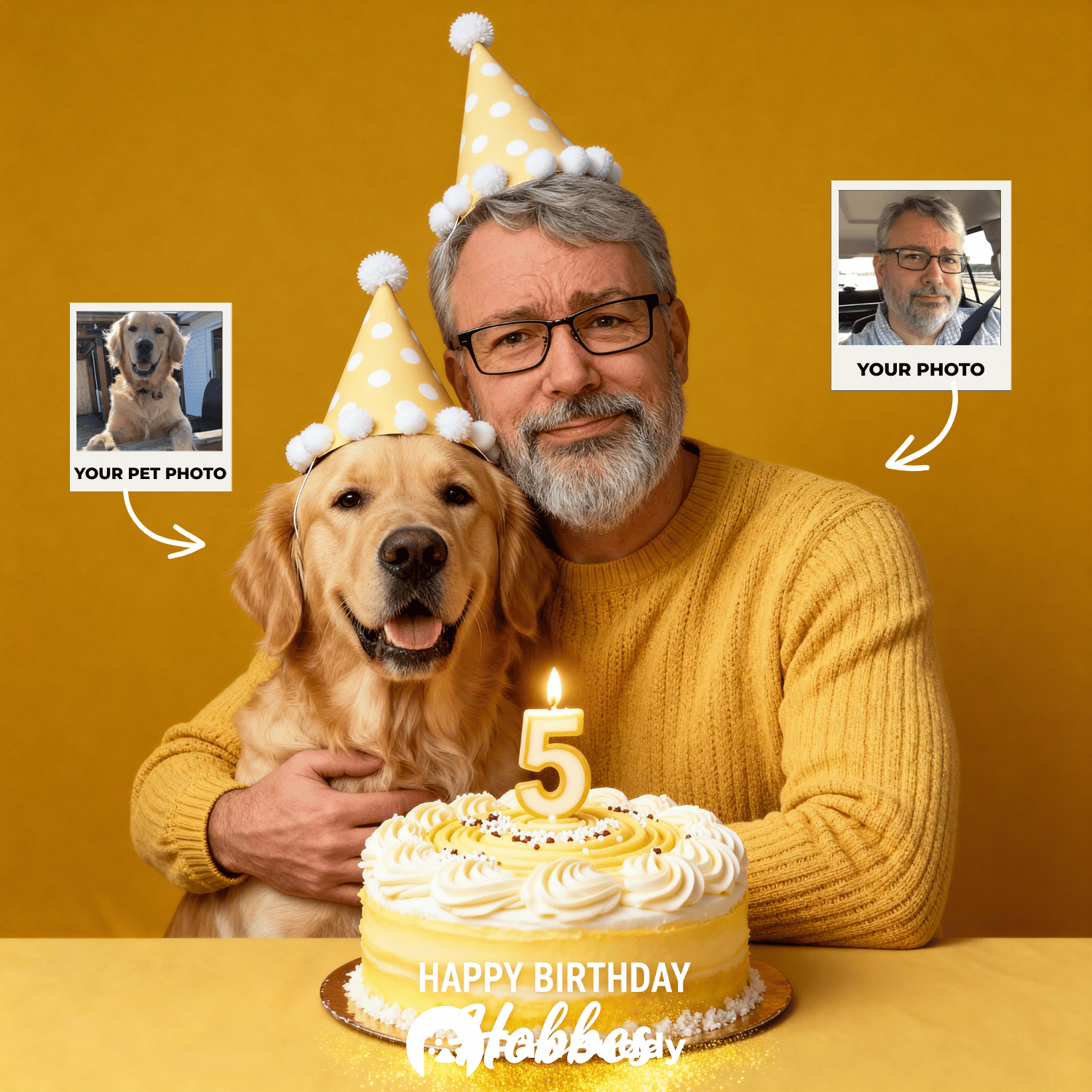 Custom Human & Pet Portrait Birthday Yellow Studio Theme Digital Artwork - Personalized High Resolution Artwork for Pet Lovers, Perfect for Online Sharing or as a Unique Birthday Keepsake