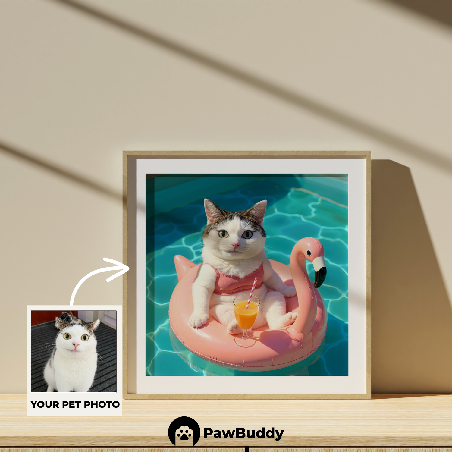 Custom Pet Poster Pink Paradise Float Portrait – Personalized High-Resolution Matte Print for Wall Art, Home Decor, or Unique Gifts for Pet Lovers (Frame Not Included)