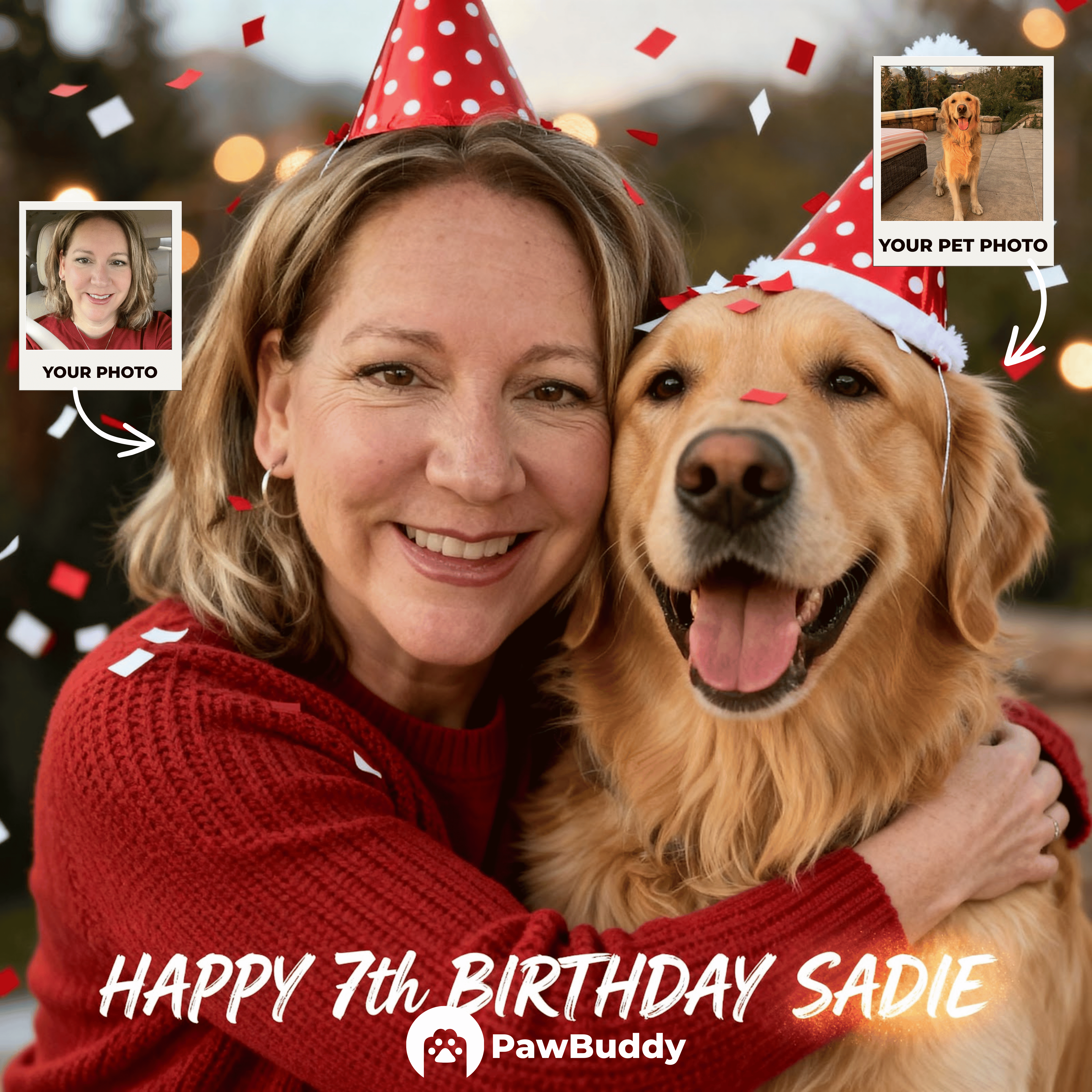 Custom Human & Pet Portrait Birthday Red Celebration Theme Digital Artwork - Personalized High Resolution Artwork for Pet Lovers, Perfect for Online Sharing or as a Unique Birthday Keepsake