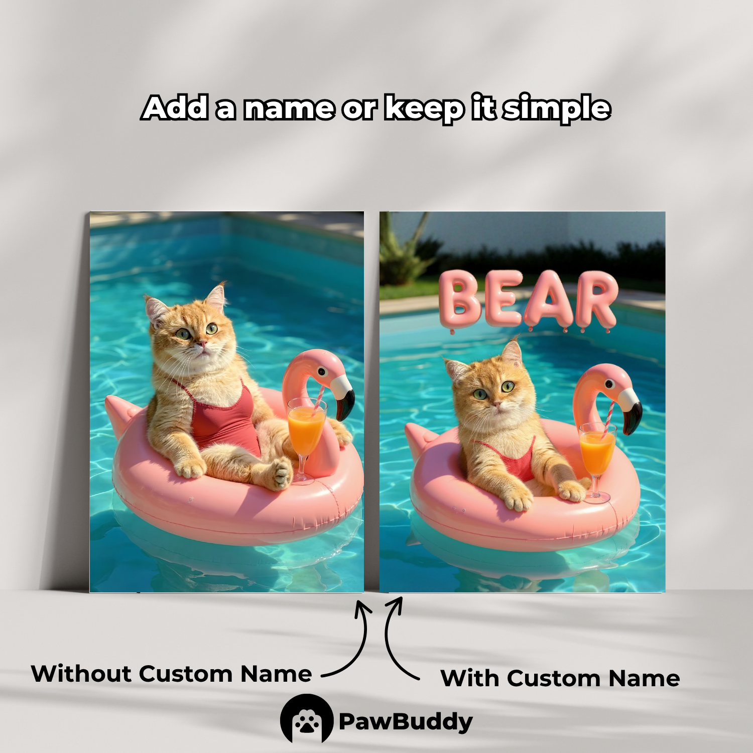 Custom Pet Poster Pink Paradise Float Portrait – Personalized High-Resolution Matte Print for Wall Art, Home Decor, or Unique Gifts for Pet Lovers (Frame Not Included)