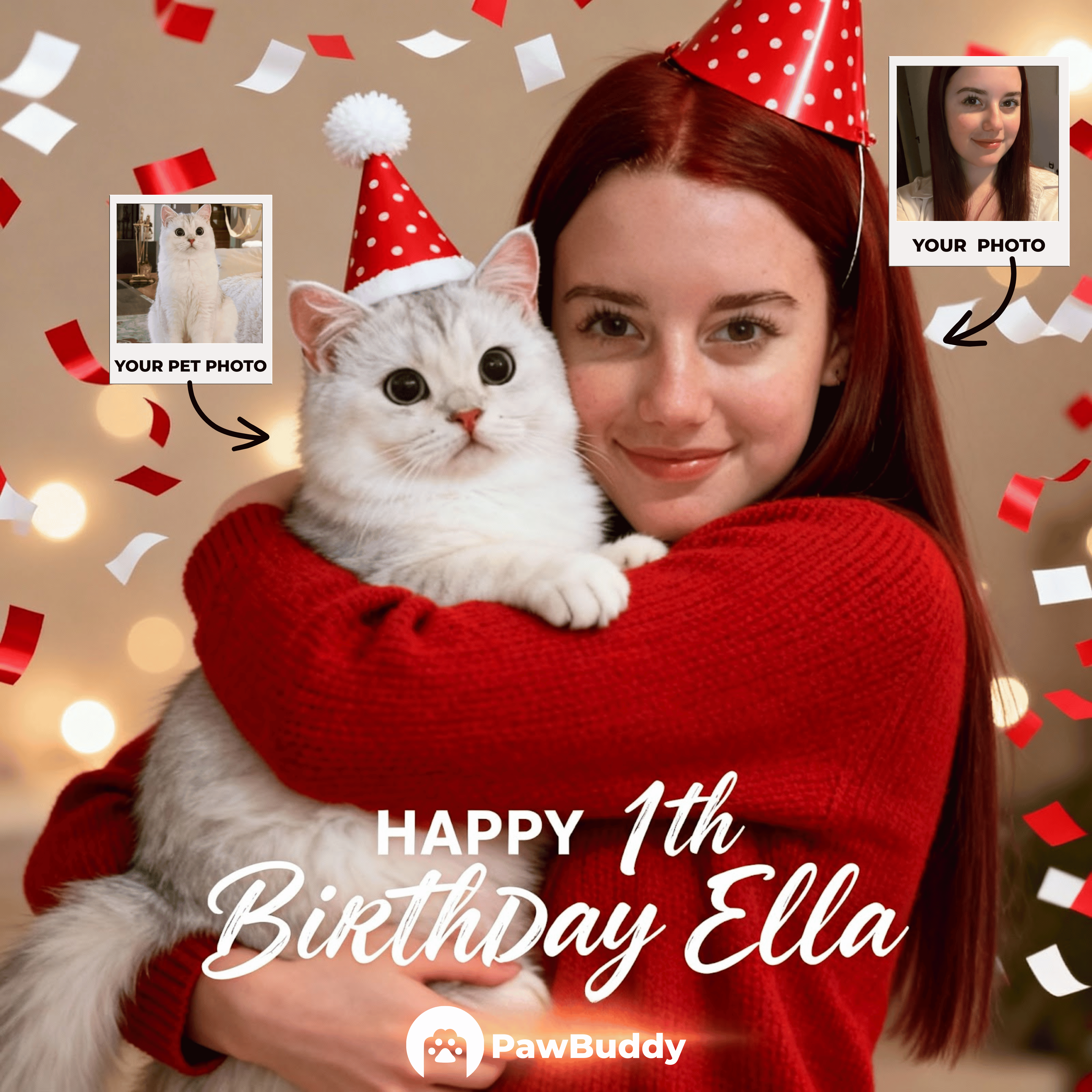 Custom Human & Pet Portrait Birthday Red Celebration Theme Digital Artwork - Personalized High Resolution Artwork for Pet Lovers, Perfect for Online Sharing or as a Unique Birthday Keepsake