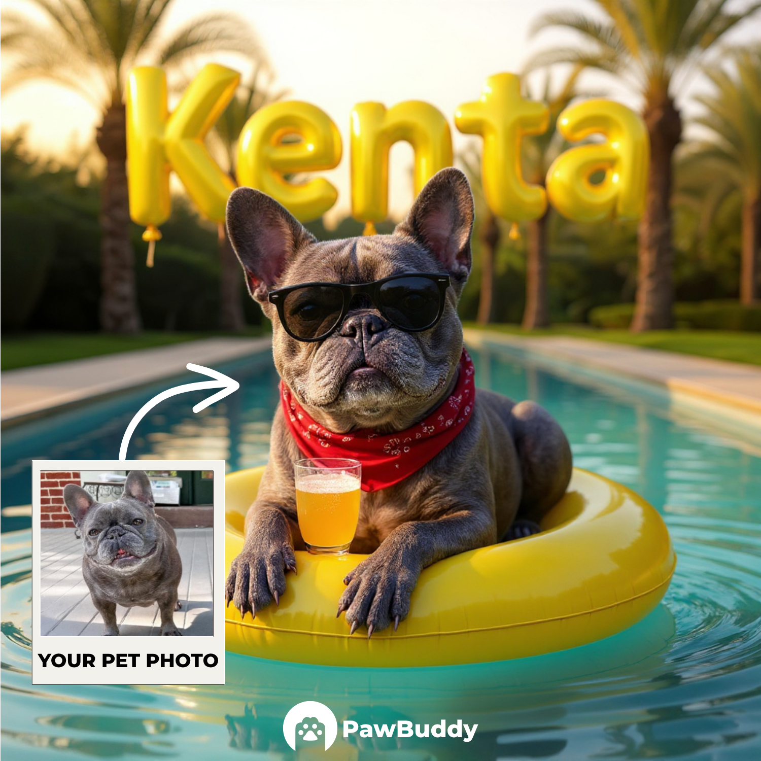 Custom Pet Portrait Golden Sunset Chill Pool Style Digital Artwork - Personalized High-Resolution Artwork for Pet Lovers, Perfect for Online Sharing or as a Unique Summer-Themed Keepsake