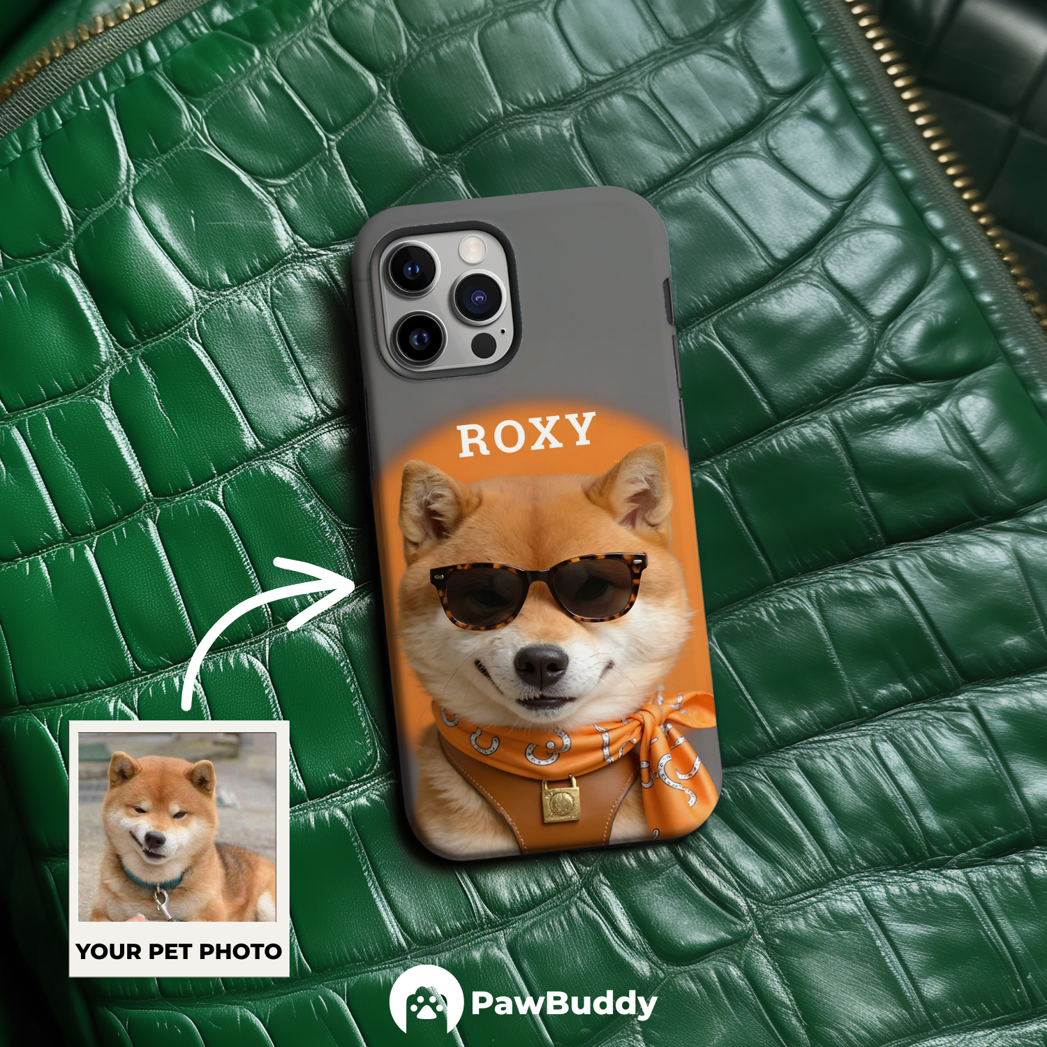 Custom Pet Phone Case for iPhone 11–17, Personalized Modern Orange Sweater Studio Portrait Design, Dual-Layer Shockproof PC+TPU Protective Cover with Glossy Wraparound Printing, Unique Gift for Pet Lovers