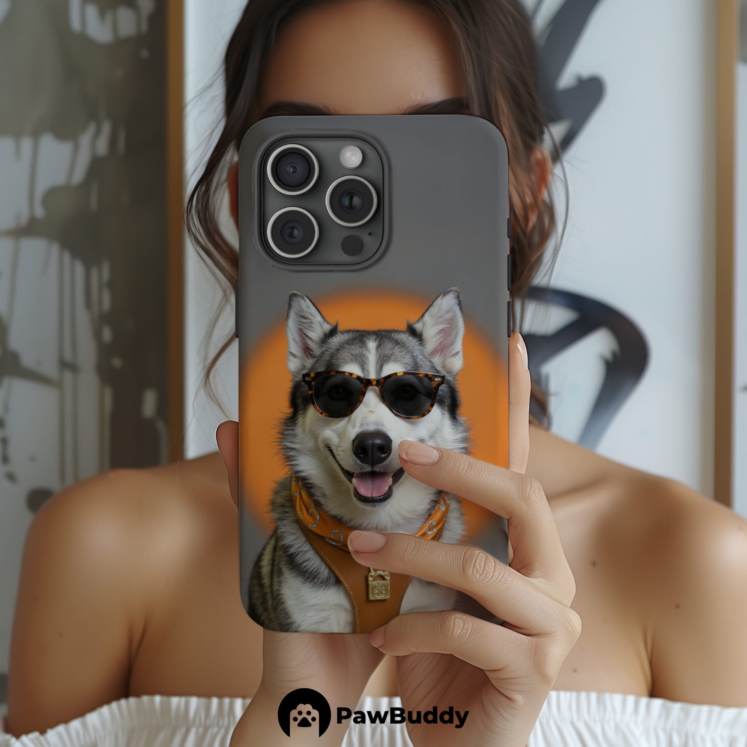 Custom Pet Phone Case for iPhone 11–17, Personalized Modern Orange Sweater Studio Portrait Design, Dual-Layer Shockproof PC+TPU Protective Cover with Glossy Wraparound Printing, Unique Gift for Pet Lovers