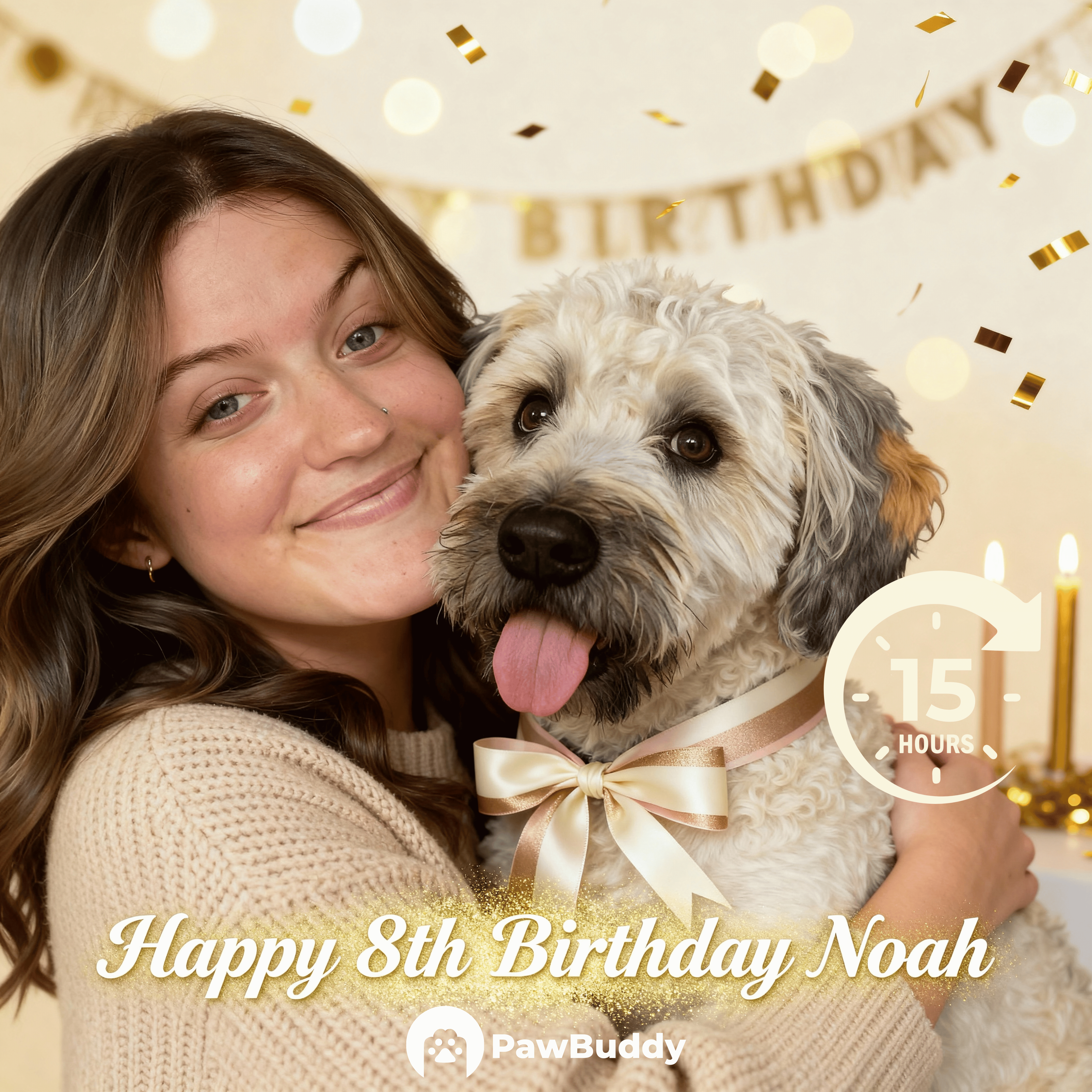 Custom Human & Pet Portrait Luxury Gold Birthday Theme Digital Artwork - Personalized High Resolution Artwork for Pet Lovers, Perfect for Online Sharing or as a Unique Birthday Keepsake