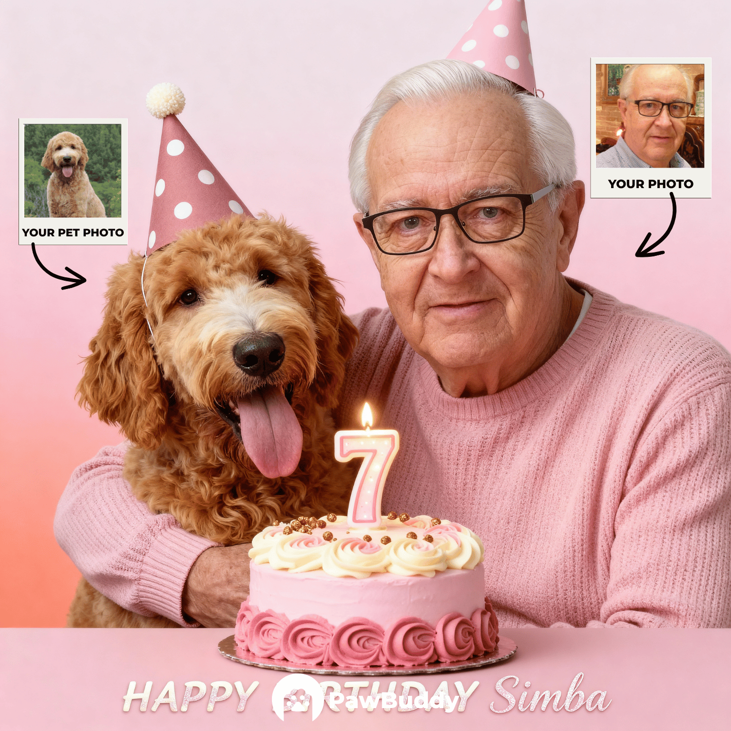 Custom Human & Pet Portrait Birthday Pink Studio Theme Digital Artwork - Personalized High Resolution Artwork for Pet Lovers, Perfect for Online Sharing or as a Unique Birthday Keepsake