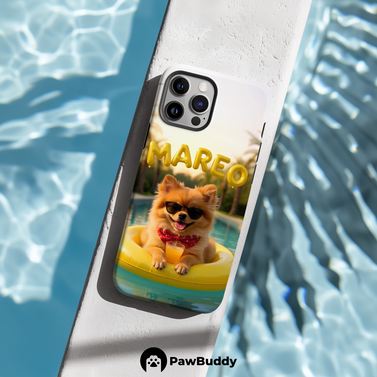 Custom Pet Phone Case for iPhone 11–17, Personalized Sunny Summer Pool Float Design, Dual-Layer Shockproof PC+TPU Protective Cover with Glossy Wraparound Printing, Unique Gift for Pet Lovers