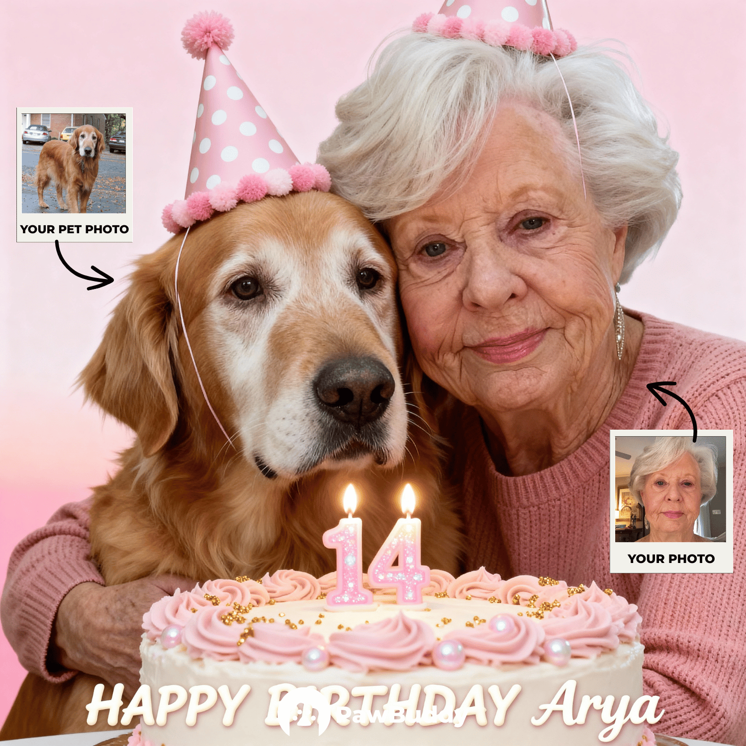Custom Human & Pet Portrait Birthday Pink Studio Theme Digital Artwork - Personalized High Resolution Artwork for Pet Lovers, Perfect for Online Sharing or as a Unique Birthday Keepsake