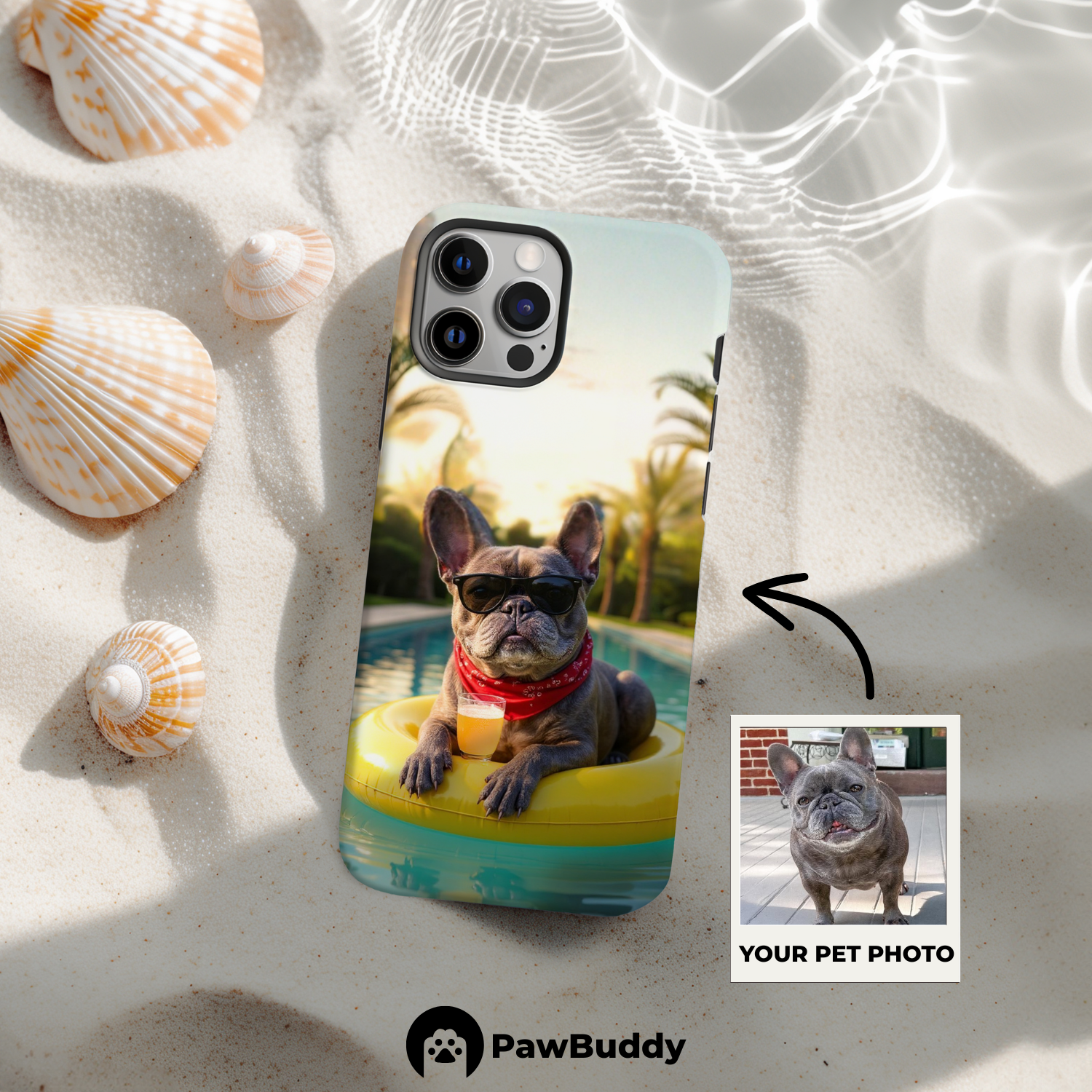 Custom Pet Phone Case for iPhone 11–17, Personalized Sunny Summer Pool Float Design, Dual-Layer Shockproof PC+TPU Protective Cover with Glossy Wraparound Printing, Unique Gift for Pet Lovers
