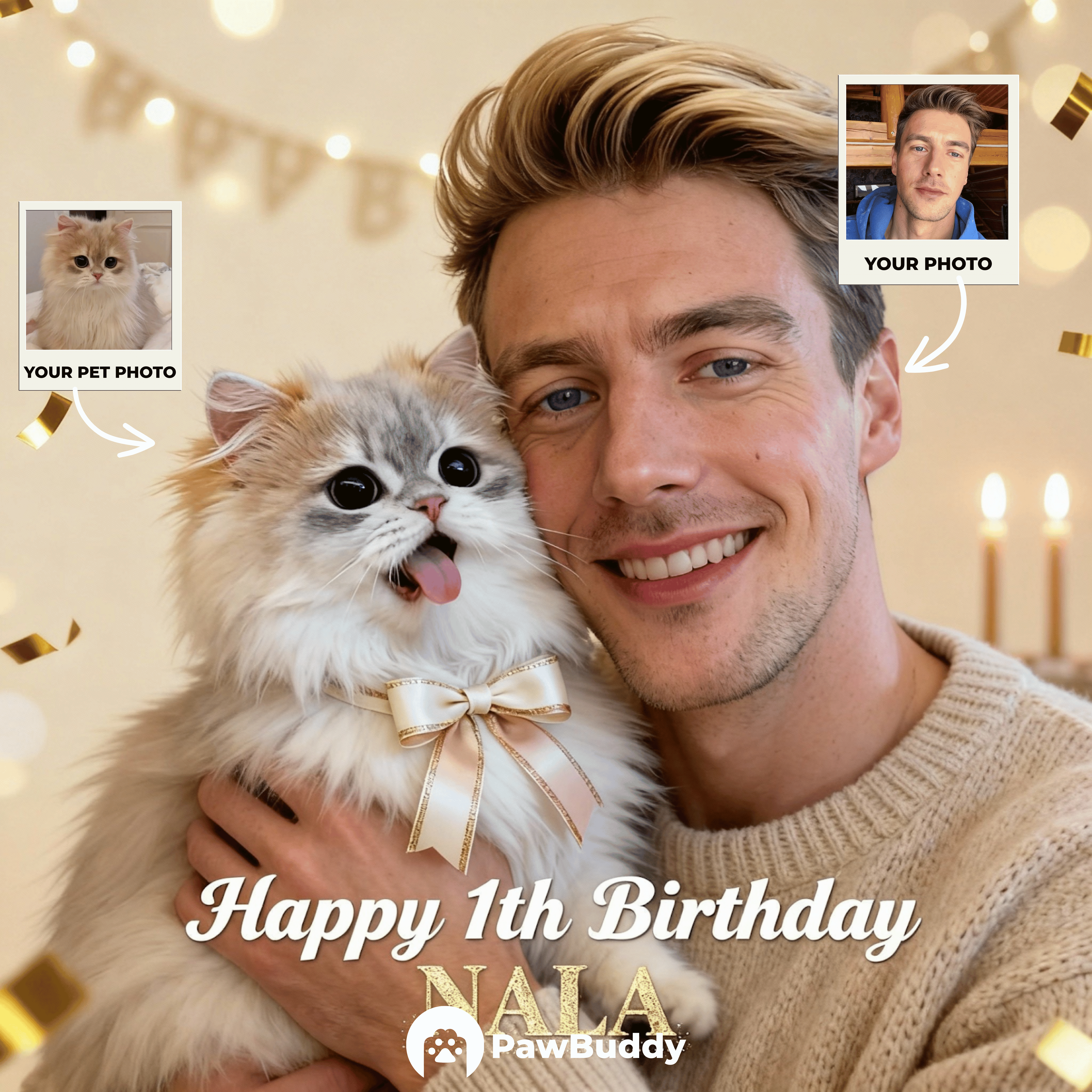 Custom Human & Pet Portrait Luxury Gold Birthday Theme Digital Artwork - Personalized High Resolution Artwork for Pet Lovers, Perfect for Online Sharing or as a Unique Birthday Keepsake