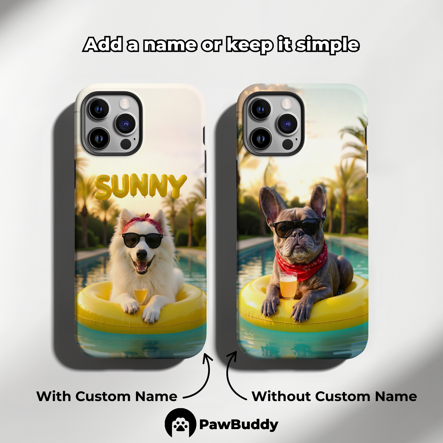 Custom Pet Phone Case for iPhone 11–17, Personalized Sunny Summer Pool Float Design, Dual-Layer Shockproof PC+TPU Protective Cover with Glossy Wraparound Printing, Unique Gift for Pet Lovers