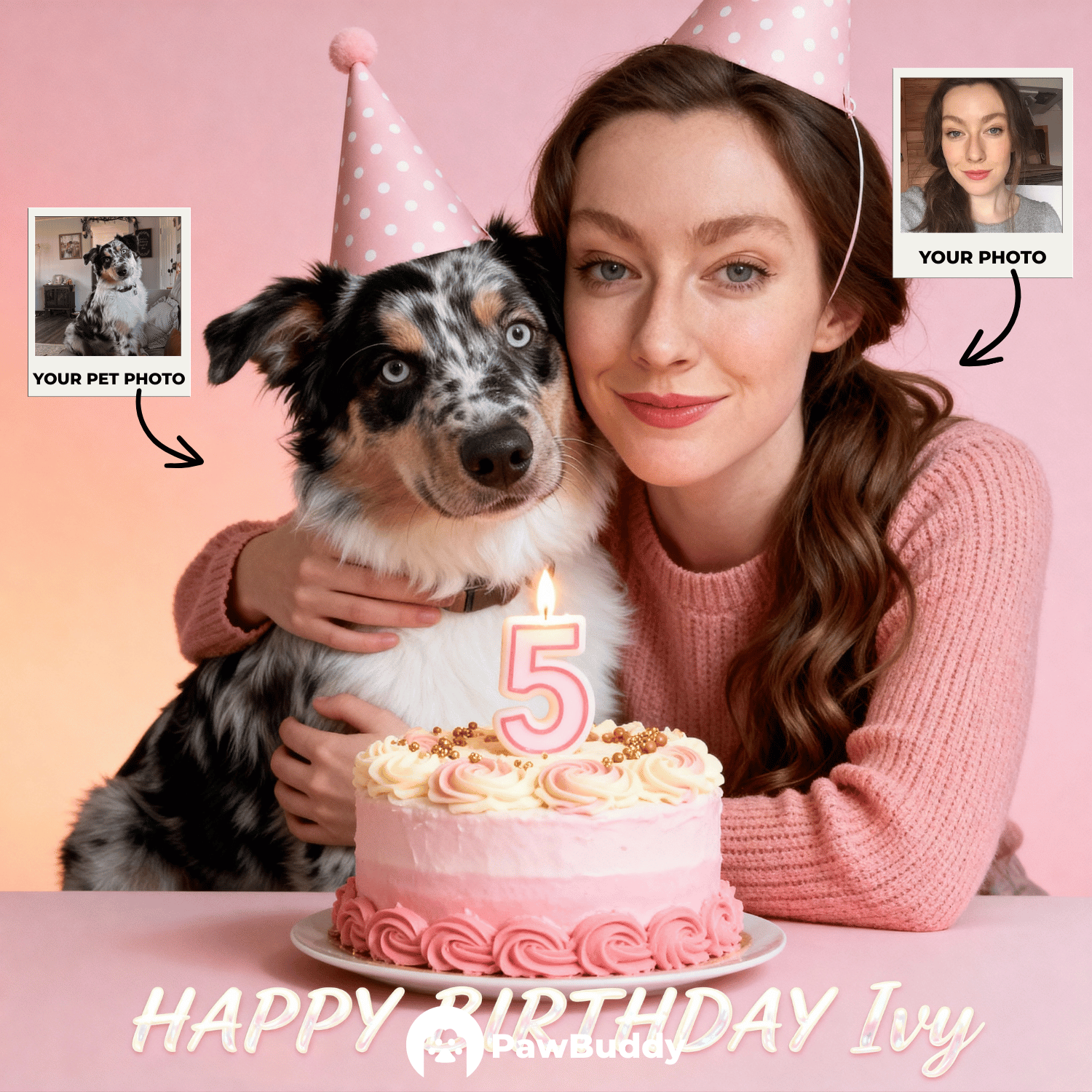 Custom Human & Pet Portrait Birthday Pink Studio Theme Digital Artwork - Personalized High Resolution Artwork for Pet Lovers, Perfect for Online Sharing or as a Unique Birthday Keepsake