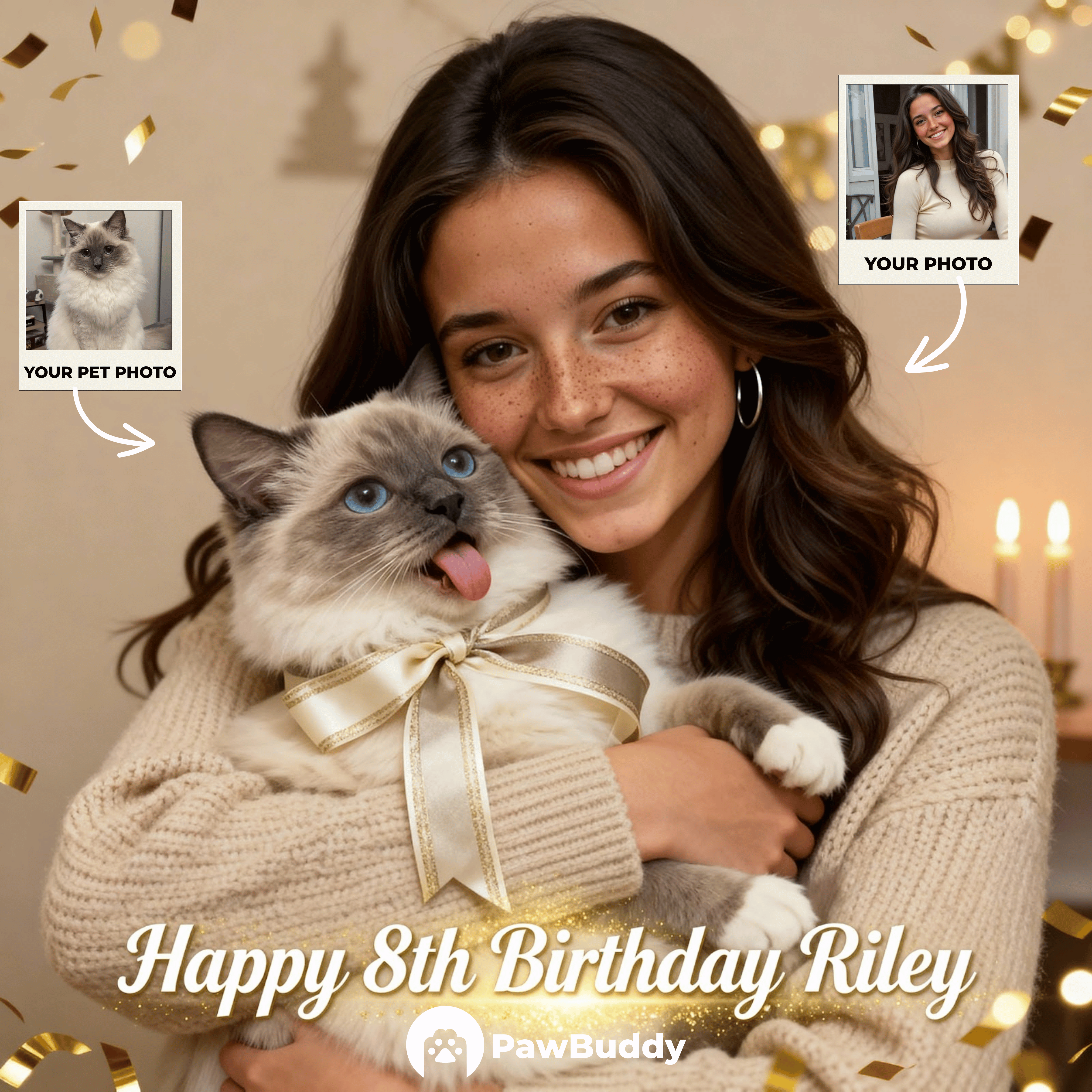 Custom Human & Pet Portrait Luxury Gold Birthday Theme Digital Artwork - Personalized High Resolution Artwork for Pet Lovers, Perfect for Online Sharing or as a Unique Birthday Keepsake