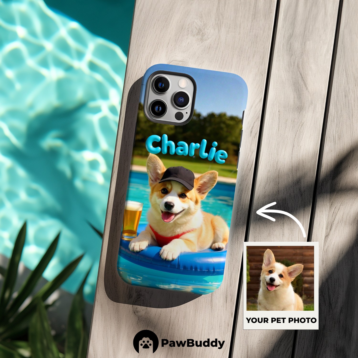 Custom Pet Phone Case for iPhone 11–17, Personalized Sky Blue Summer Pool Float Design, Dual-Layer Shockproof PC+TPU Protective Cover with Glossy Wraparound Printing, Unique Gift for Pet Lovers