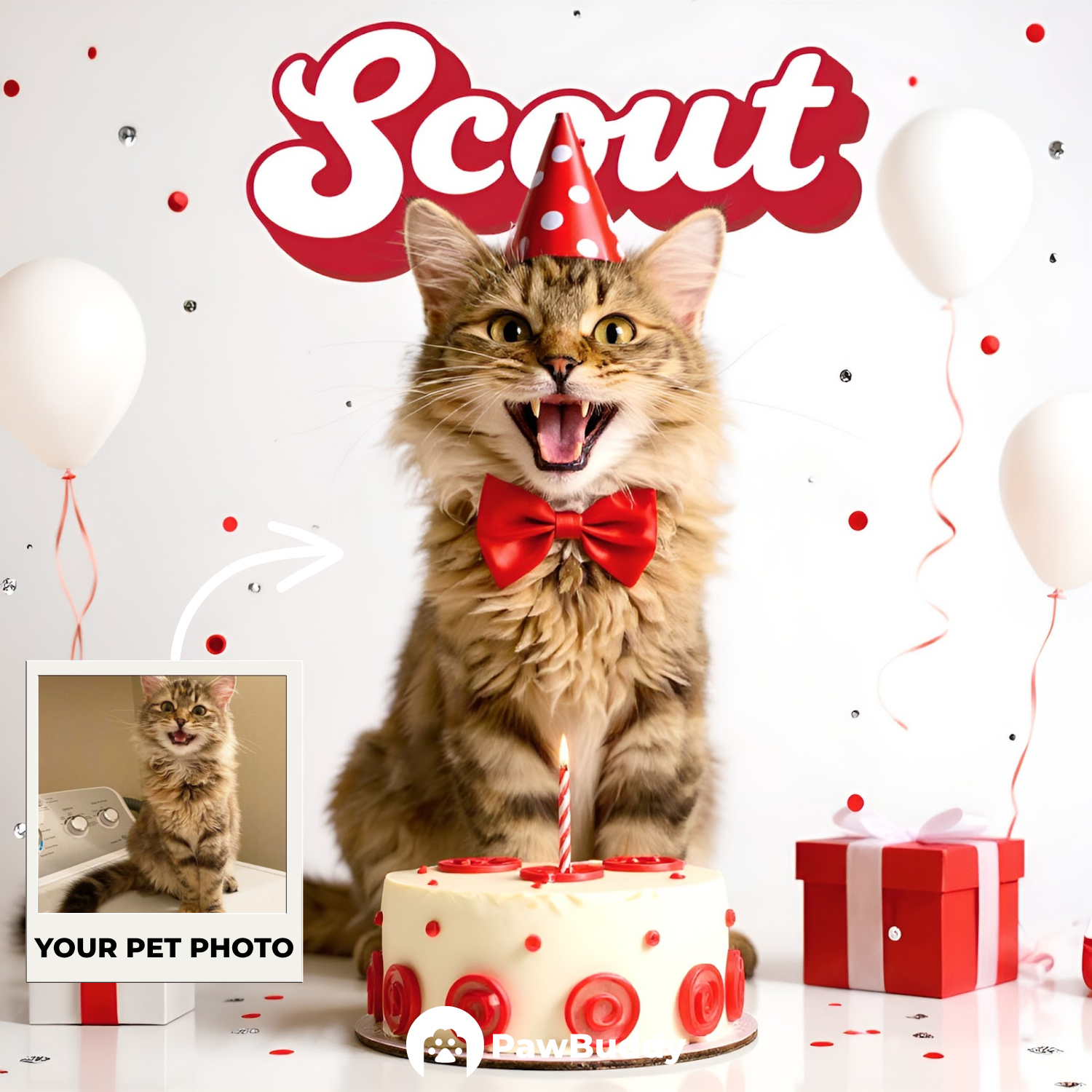 Custom Pet Portrait Scarlet Joy Birthday Style Digital Artwork - Personalized High-Resolution Artwork for Pet Lovers, Perfect for Online Sharing or as a Unique Celebration-Themed Keepsake