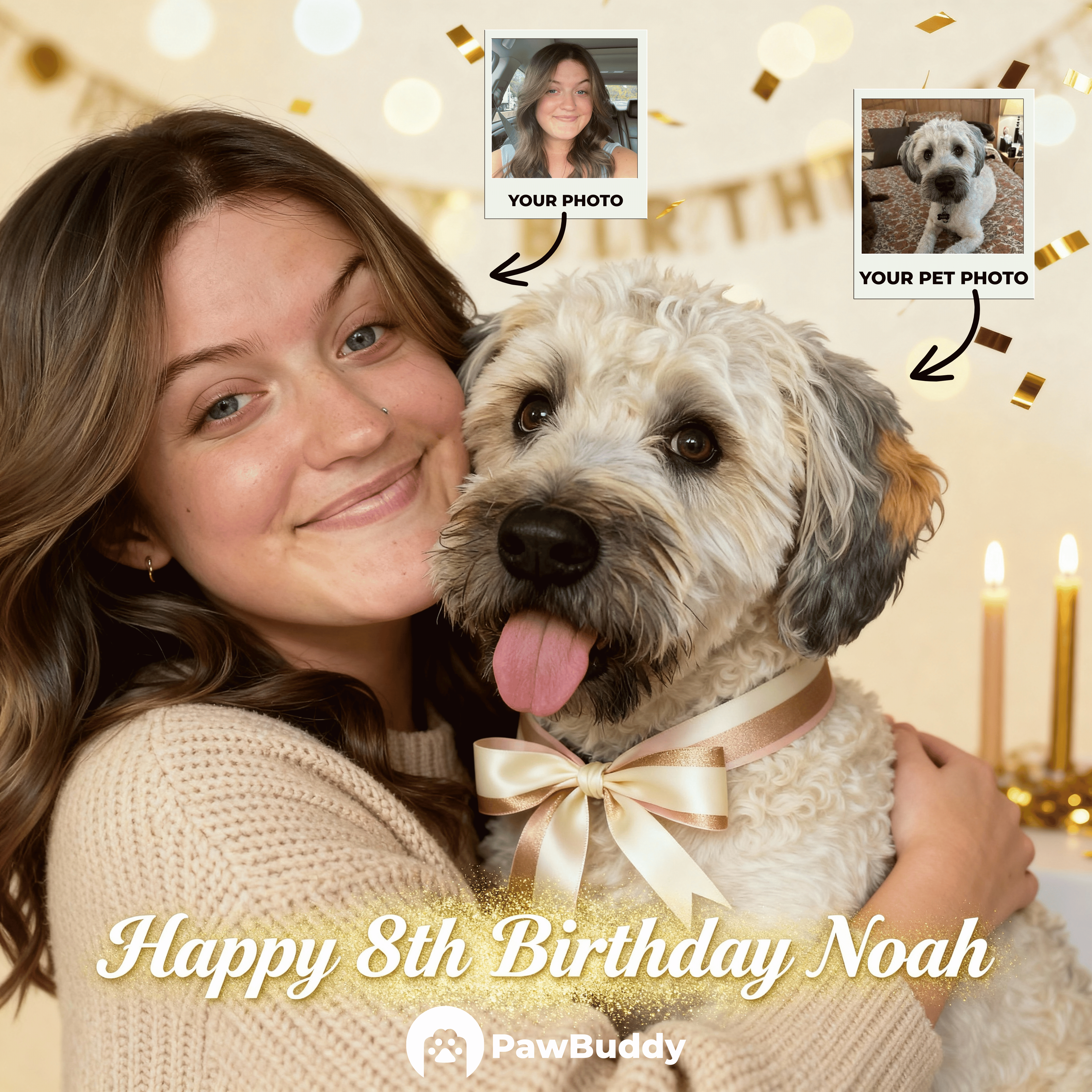 Custom Human & Pet Portrait Luxury Gold Birthday Theme Digital Artwork - Personalized High Resolution Artwork for Pet Lovers, Perfect for Online Sharing or as a Unique Birthday Keepsake