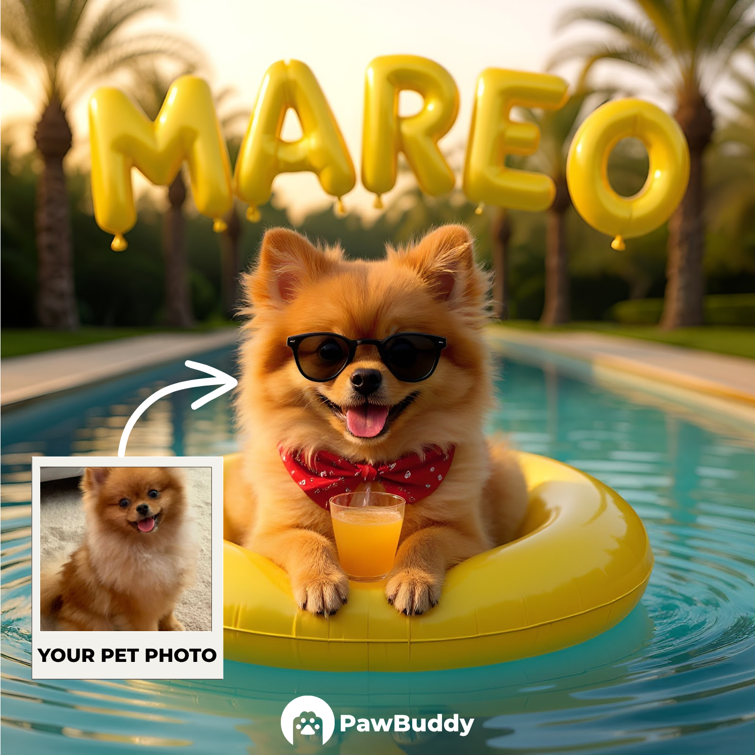 Custom Pet Portrait Golden Sunset Chill Pool Style Digital Artwork - Personalized High-Resolution Artwork for Pet Lovers, Perfect for Online Sharing or as a Unique Summer-Themed Keepsake